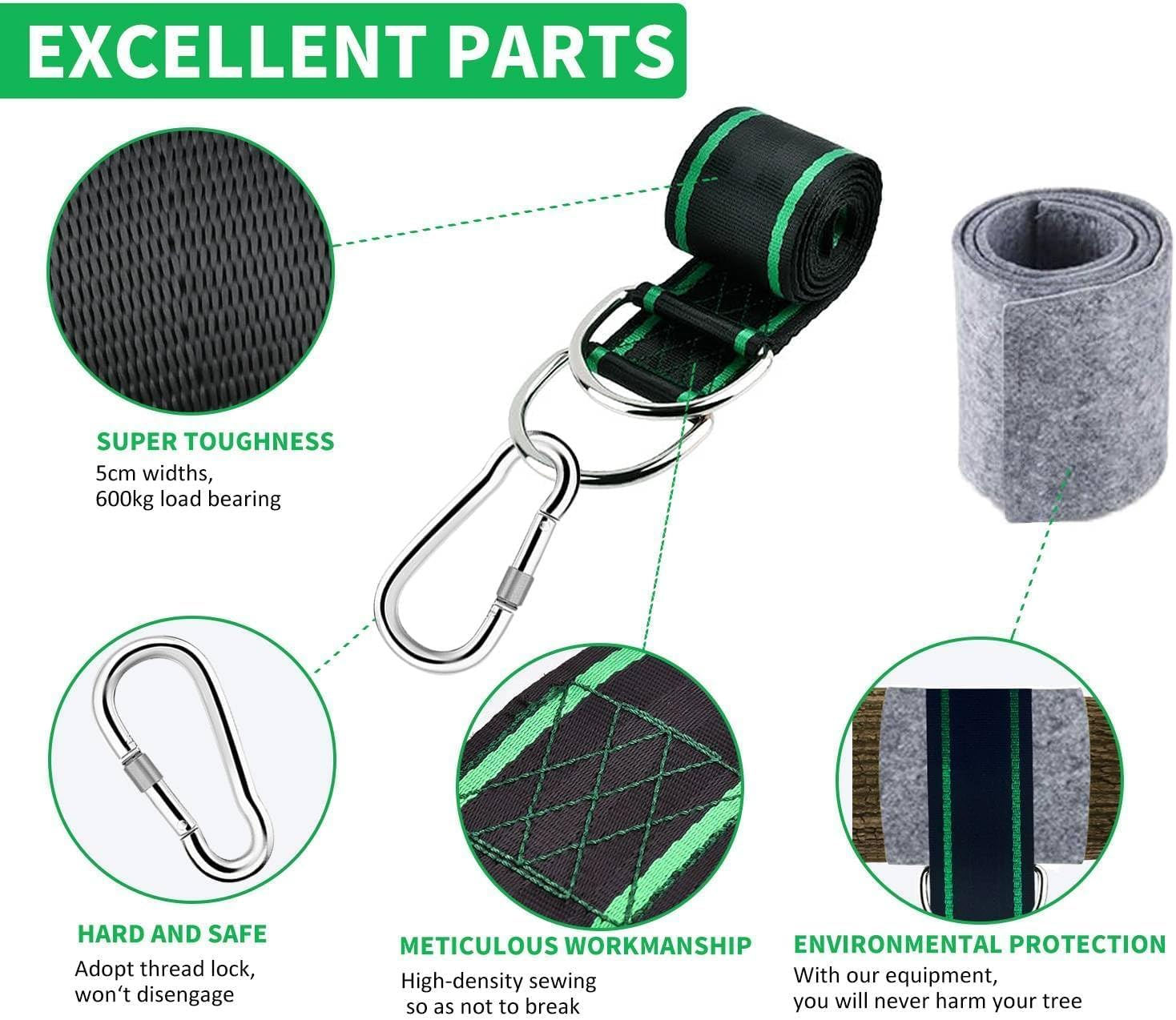 Tree Swing Hanging Straps, 1.5M/5Ft Hammock Tree Straps Kit with 2 Sturdy Lock Carabiners & 2 Tree Protectors for Swings and Hammocks,Holds up to 1000KG image number 4
