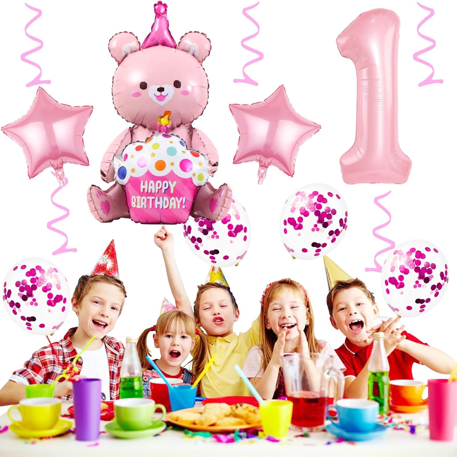 Weenkeey 1St Bear Birthday Balloons Giant 4D Bear Aluminum Foil Balloon Number 1 Mylar Balloon Bear Hug Cake Balloon for Bear Theme Party Supplies Girls Birthday Baby Shower D&eacute;cor image number 1