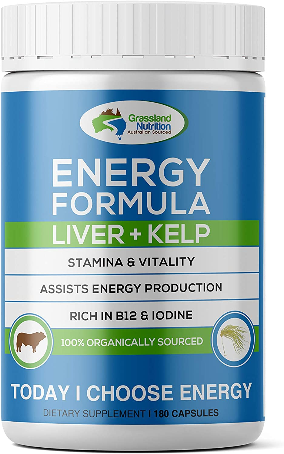 Grass Fed Beef Liver with Wild Harvested Kelp 100% Organically/Halal Sourced 2-IN-1 Energy Formula &mdash; Natural B12, Iodine, Iron & Vitamin a (180 Capsules) image number 2