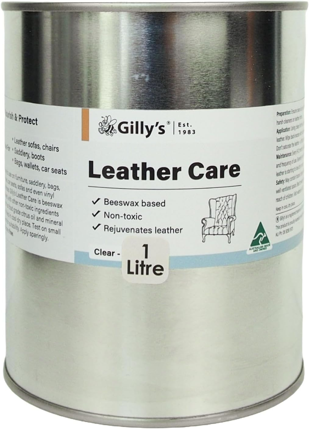 Gilly'S Leather Care 100Ml | Beeswax Leather Conditioner for Leather Sofa'S, Bags, Shoes & Car Seats | Water Repellent, Non-Toxic, Plant-Based, Softens & Restores Leather Suppleness image number 1