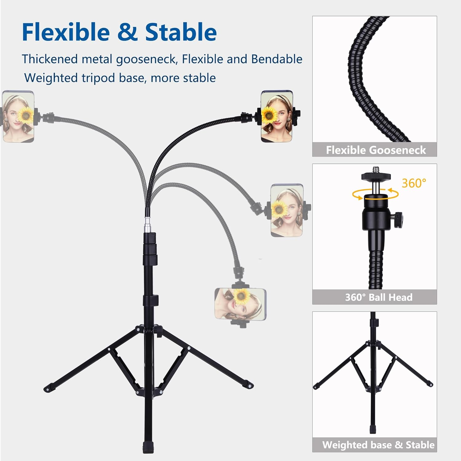 Peastrex 82" Tall Flexible Phone Tripod with 17" Gooseneck, Overhead Cellphone Tripod Stand for Video Recording for Iphone 15 14 13 Pro Max Pro, Android Phone image number 4