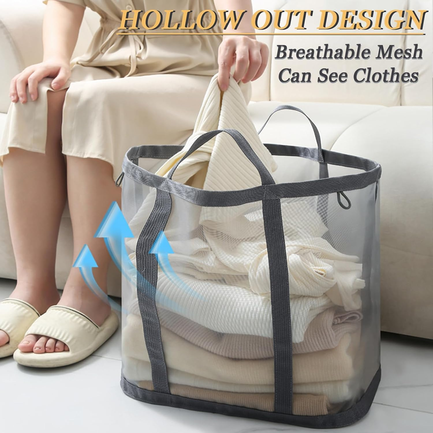 Foldable Mesh Laundry Hamper Bag with Handles - Breathable Collapsible Clothes & Toy Storage Basket for Bathroom, Bedroom, Beach, Travel (Grey) image number 2