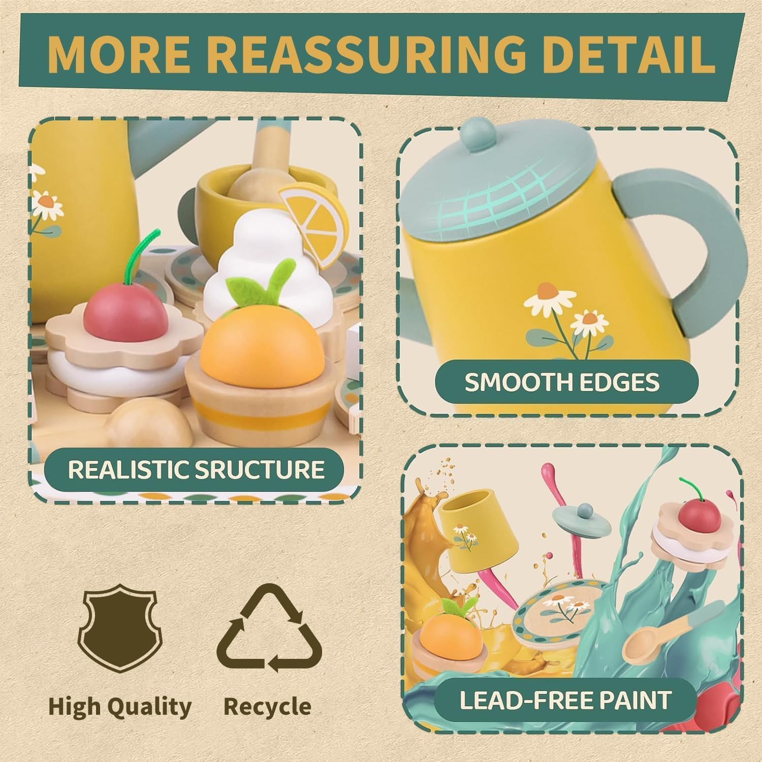 Tea Sets for Toddlers 3-5 Girl Birthday Gift 2 Year Old Princess Party Wooden Play Food Toy Sets for Kids Kitchen Accessories Age 3 4 5 6 Wood Educational Toys image number 4