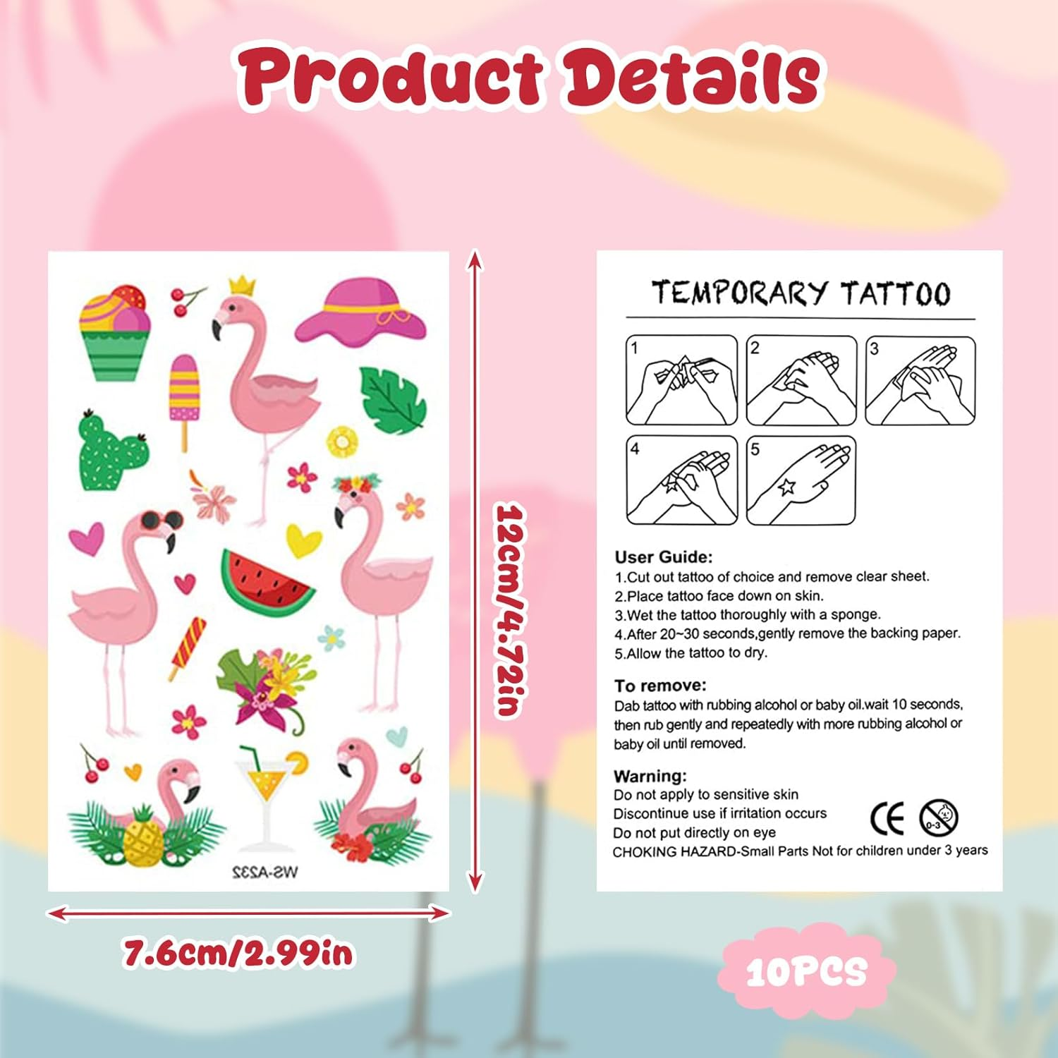 Temporary Tattoos Flamingo Pack of 10 Flamingo Tattoo Children'S Tattoo Stickers Summer Tattoos Temporary Waterproof for Flamingo Party, Birthday Party, Summer Gifts image number 6