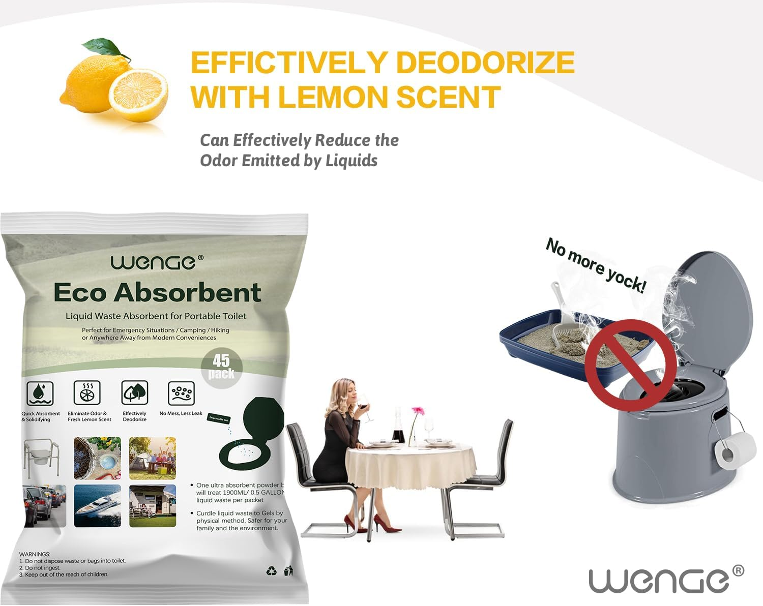 Wenge Potty Chemicals, Portable Toilet Powder - 45 Pack - Lemon Scent, Pee Powder for Portable Toilet,Camping Toilet Chemicals, Eco Absorbent Gel Liquid Waste Gelling image number 2