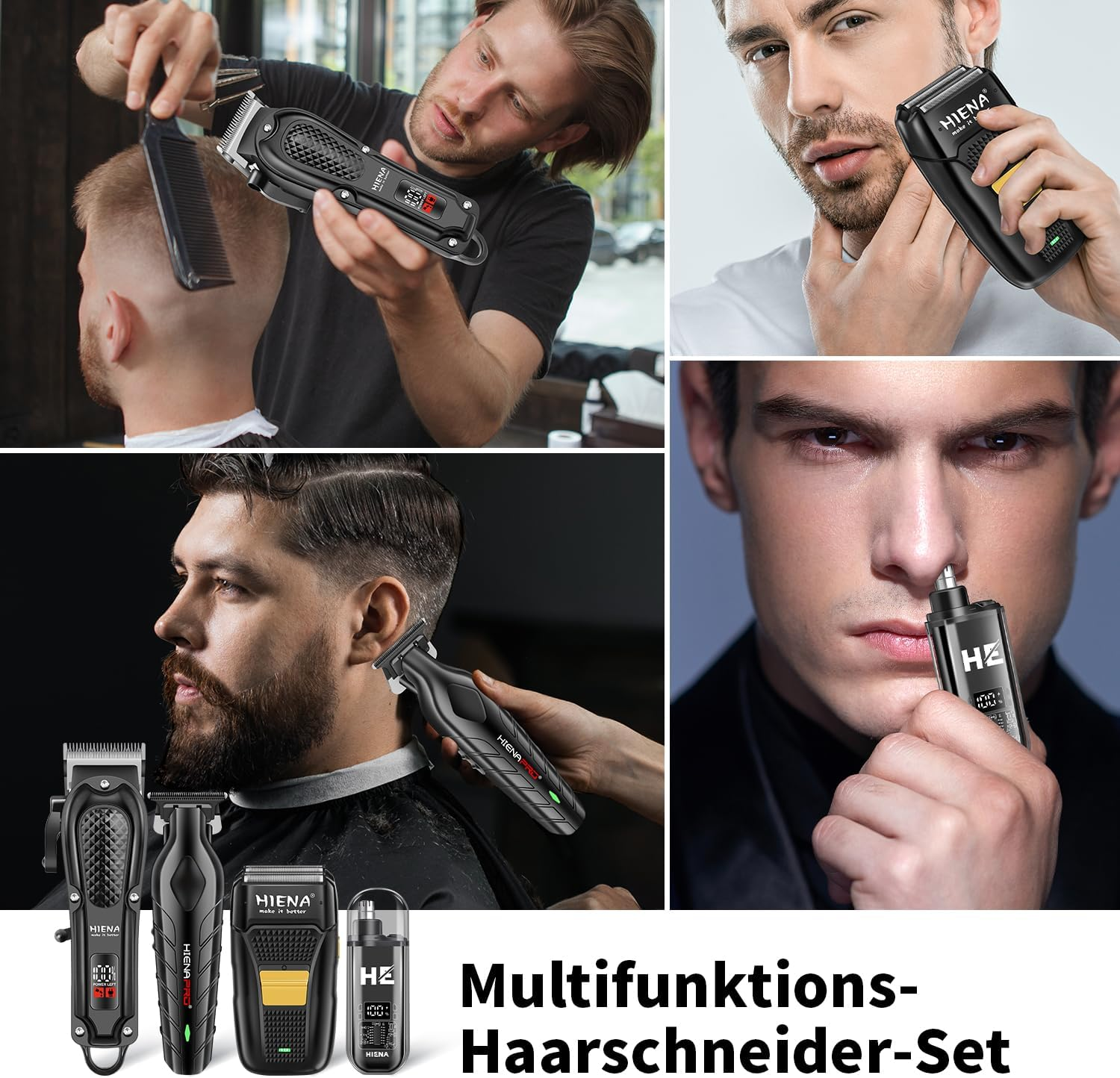 HIENA Pro Fessionelles Hair Cutting Set for Men, Cordless Barber Cutting Set and Trimmer Set, USB Rechargeable Electric Beard Trimmer & Nose Hair Trimmer Set, Foil Shaver & Men'S Face Care image number 4