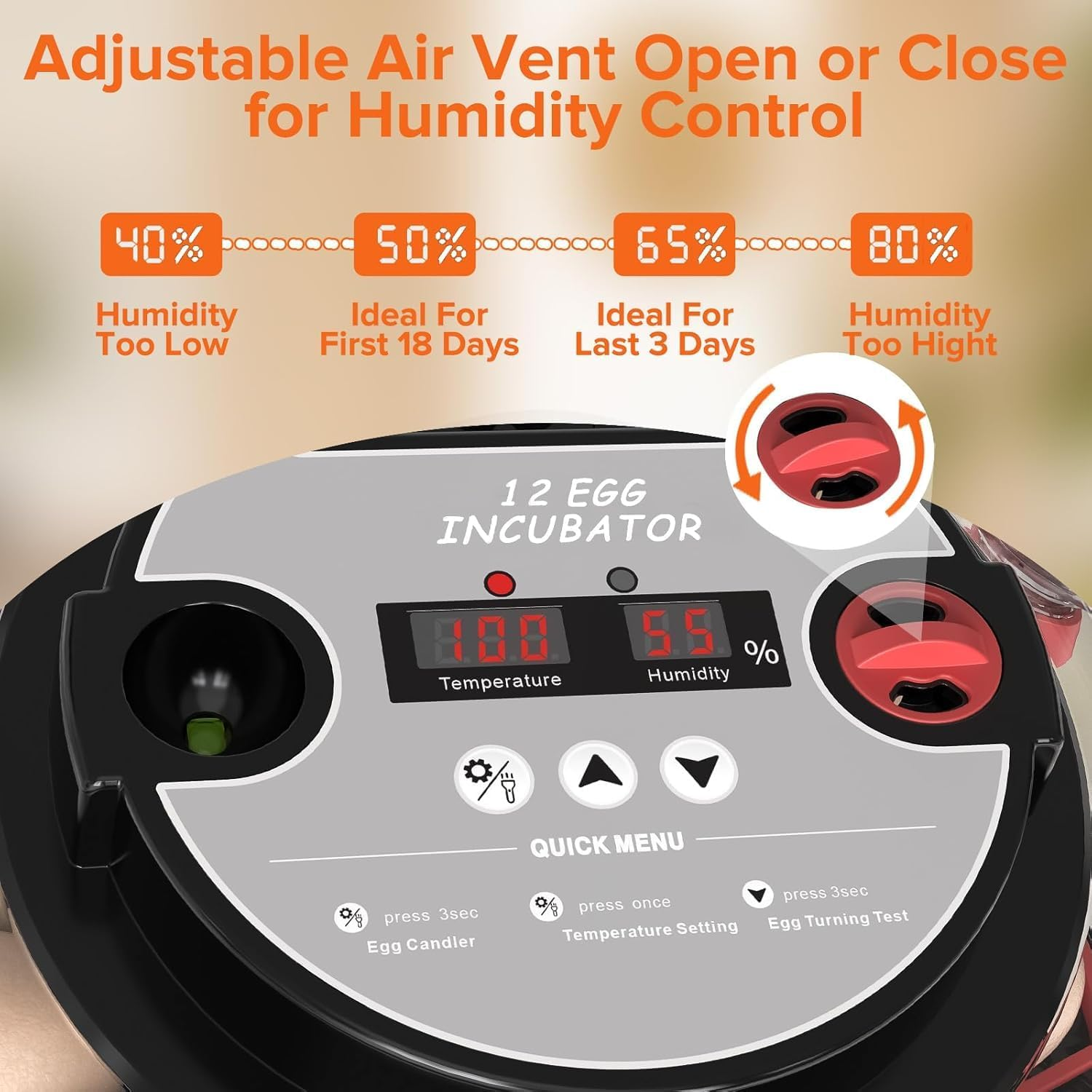 12 Egg Incubator with Humidity Temperature Display, Egg Candler, Automatic Turner, for Hatching Chickens,Chicken Incubator (Black) image number 6