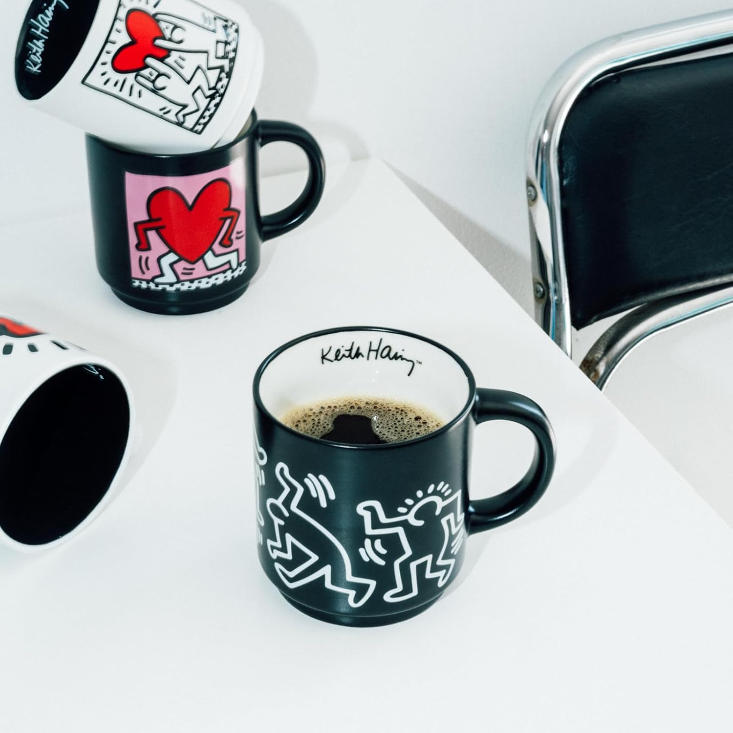 Grupo Erik Mugs Set of 4 Keith Haring | Stacking Mugs with Stand 10.8 Oz - 300Ml Coffee Cups Espresso | Graffiti Art Gifts for Friends, Cool Gifts for Men & for Women