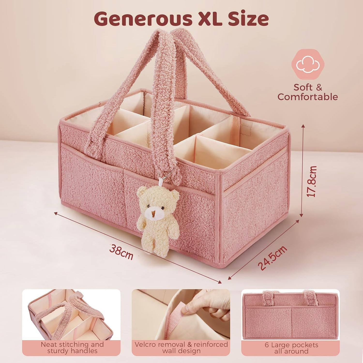 Enliansgo Baby Nappy Caddy Organizer, Baby Storage Basket for Diapers, Newborn Essentials, Car Caddy Organizer, Portable Diaper Storage (Pink)