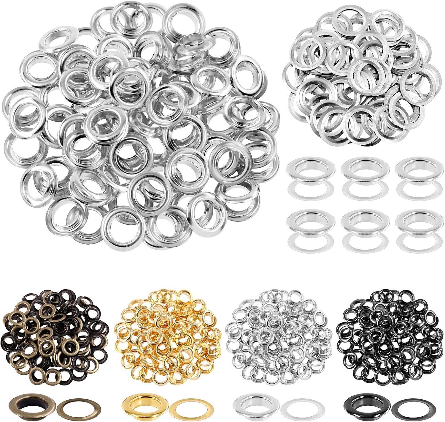 Glarks 82Pcs 14MM Thickened Grommets Eyelets with Tool Sets, 80Pcs 4 Colors Grommets Eyelets with Washers and 4Pcs Installation Tools for Fabric, Canvas, Curtain, Clothing, Leather Repair