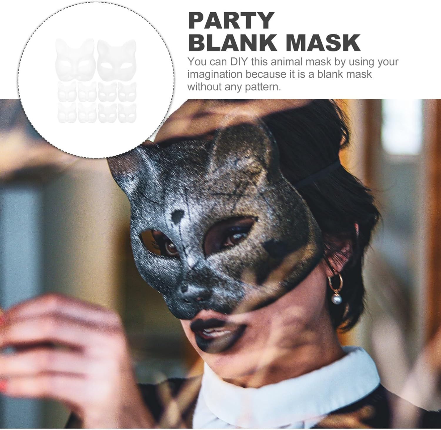 Diy Paper Mask 10Pcs Cat Mask Fox Mask Unpainted Masquerade Mask Paper Mache Mask White Craft Mask Pulp Blank Paintable Mask for Easter Costume image number 5
