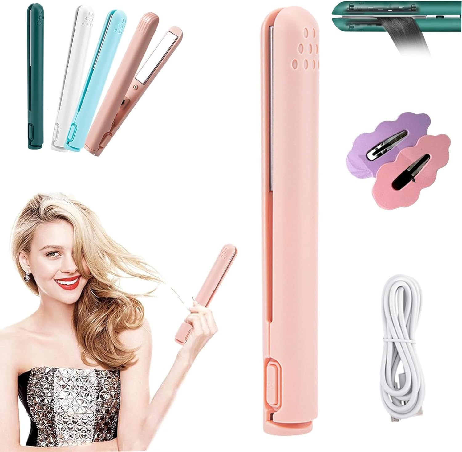 Portrait Mini Dual-Purpose Curling Iron, Ceramic Mini Hair Curler, 2 in 1 Mini Dual-Purpose Curling Iron, USB Rechargeable Curling Wand, Portable Hair Straightener Travel Curling Wand (Pink)