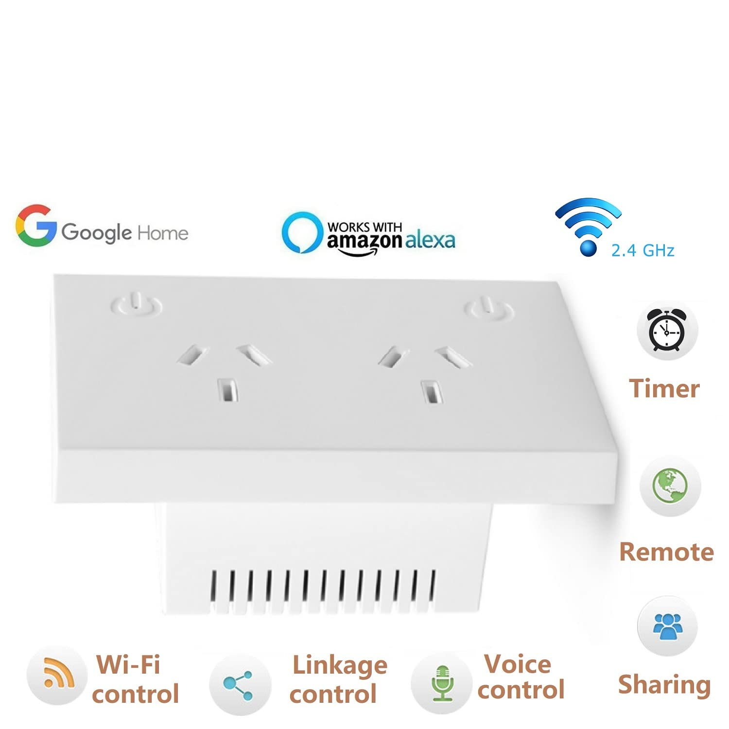 Useelink Smart Wifi Socket Outlet 2 AC 16A 3500W Individual Switches by App and Voice Command Works with Echo Alexa Google Assistant Timer Remote Control SAA Certified (2 Pack) image number 2