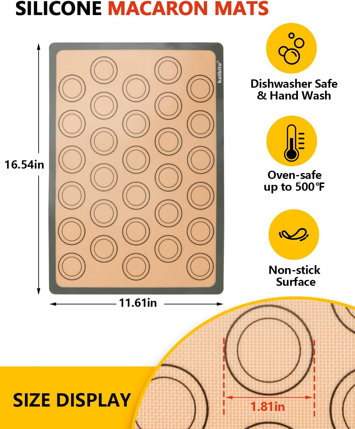 Macaron Silicone Baking Mats, Katbite Silicone Macaroons Baking Mat Set of 2 Half Sheet (11 5/8" X 16 1/2") Reusable & Nonstick Macarons Baking Supplies Silicone Bakeware Mats for Macarons Cookies image number 1