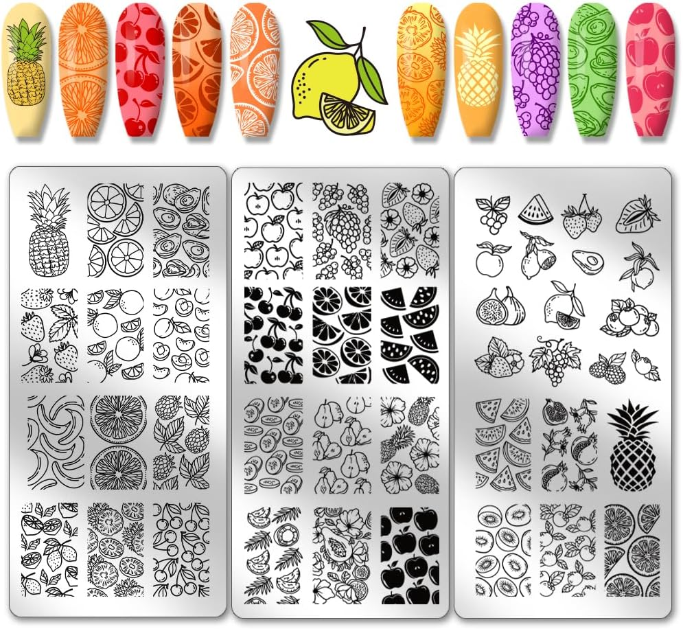 PH Pandahall 45 Patterns Fruits Nail Art Stamping Plate, 3 Pieces Nail Art Stencils Pinnapple Stawberry Nail Stamp Plate Stainless Steel Nail Picture Plate for DIY Printing Manicure Salon Nail Design image number 4