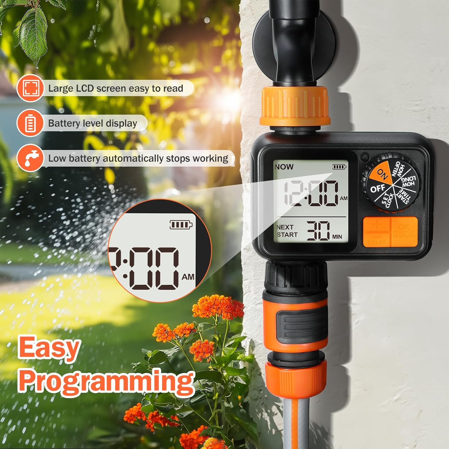 Sprinkler Timer, Programmable Garden Outdoor Hose Feature Timer with Rain Delay/Manual/Automatic Watering System for Lawns Pool (1 Outlet) image number 4