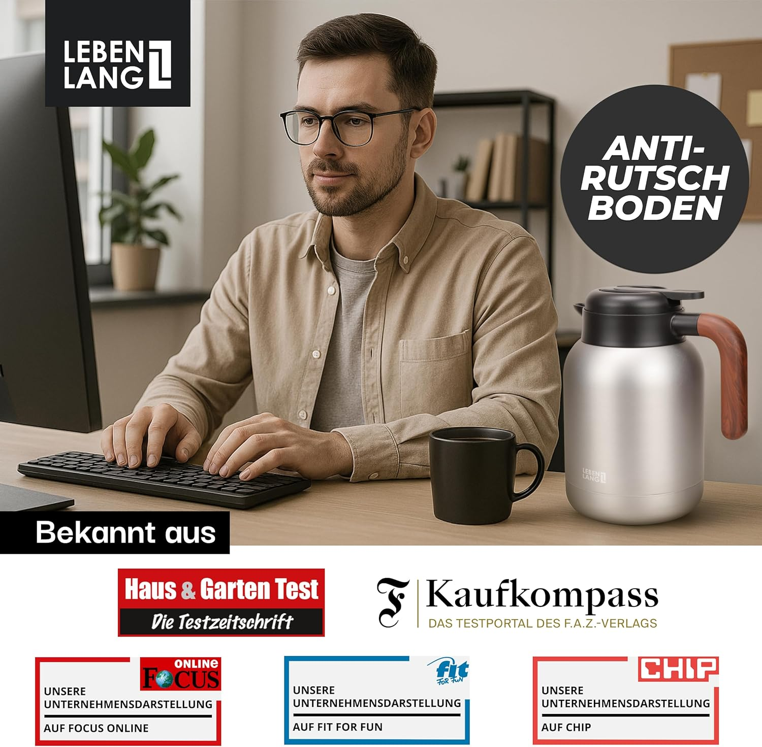 LEBENLANG Thermos Flask 1.5 L Ceramic Coating - Includes Tea Strainer I 24 Hours Hot I Coffee Pot Coffee & Teapot with Strainer Insert I Thermal Flask Tea Thermal Jug Thermos Flasks 1 5 Litres image number 1