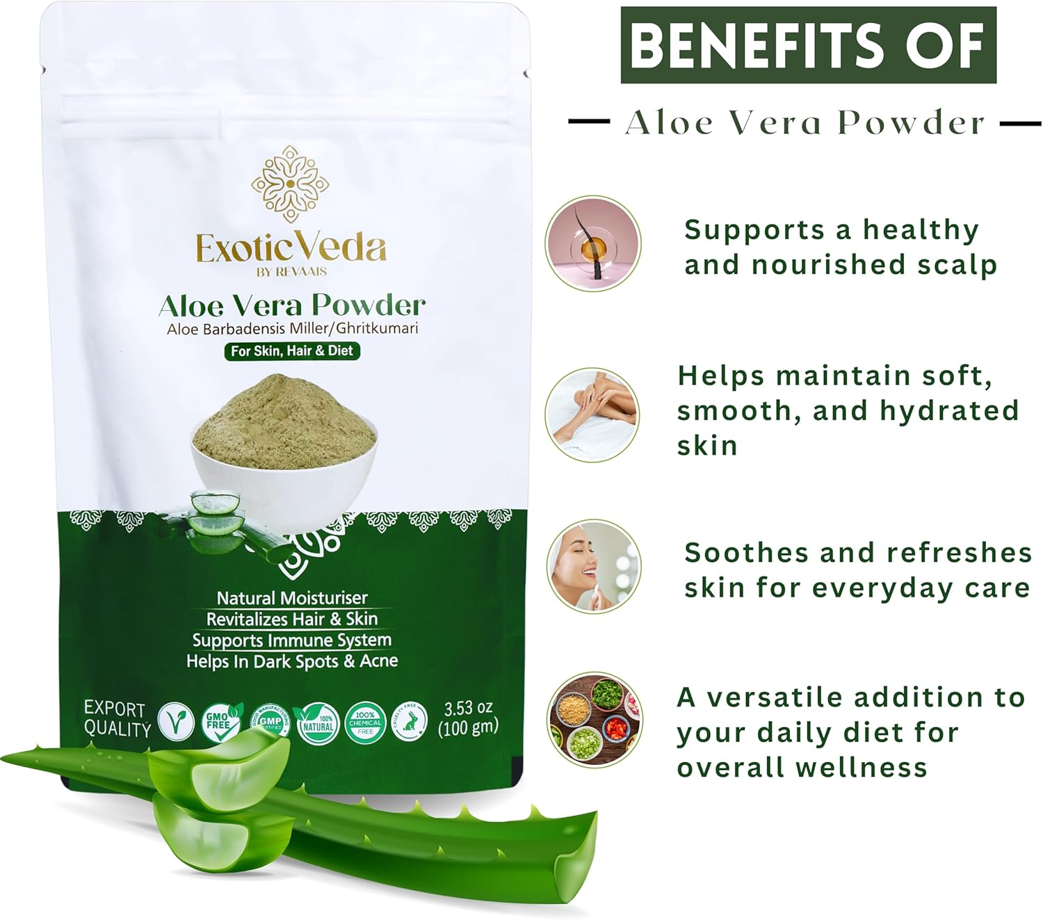 Exotic Veda Pure Aloe Vera Powder - Helps Nourish Scalp, Boost Hair Growth, Aids in Skin Dryness, Cuts, Sunburns, Natural Herbal Supplement for Skin & Hair Care (100G) image number 1