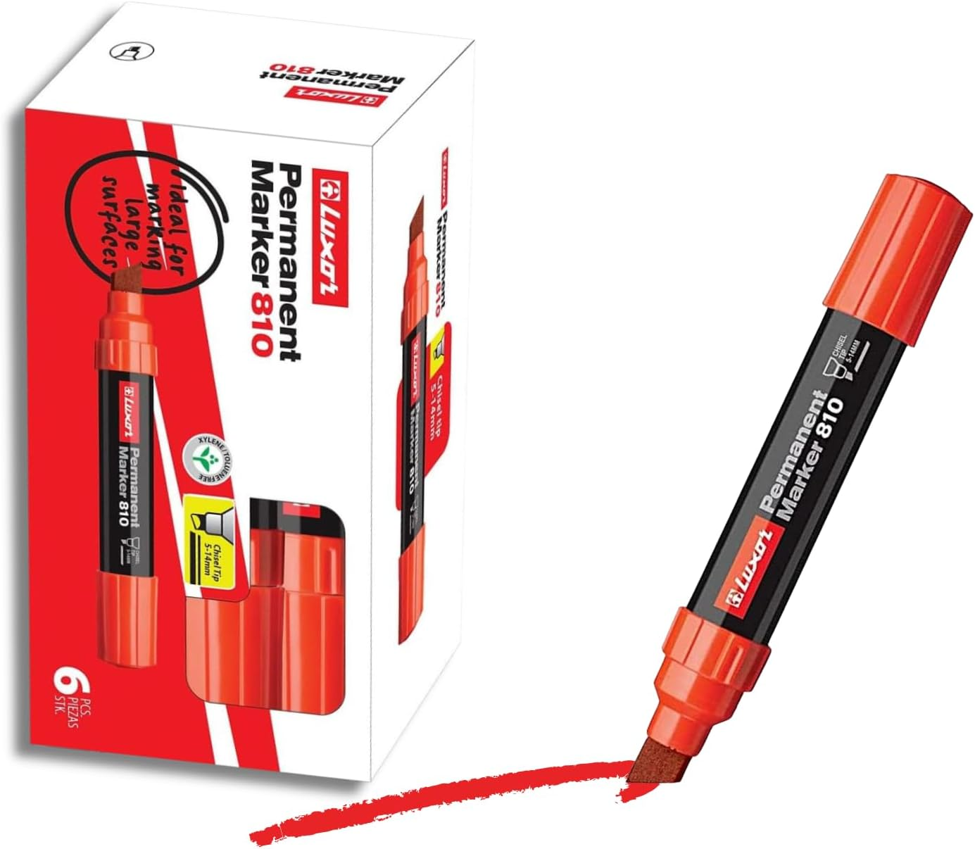 Luxor Jumbo Permanent Marker, Black Ink, 1 X 6 Pack (6 Markers) | Chisel Tip | Eco-Friendly, Xylene & Toluene Free | Thick Marker for School, Home & Office