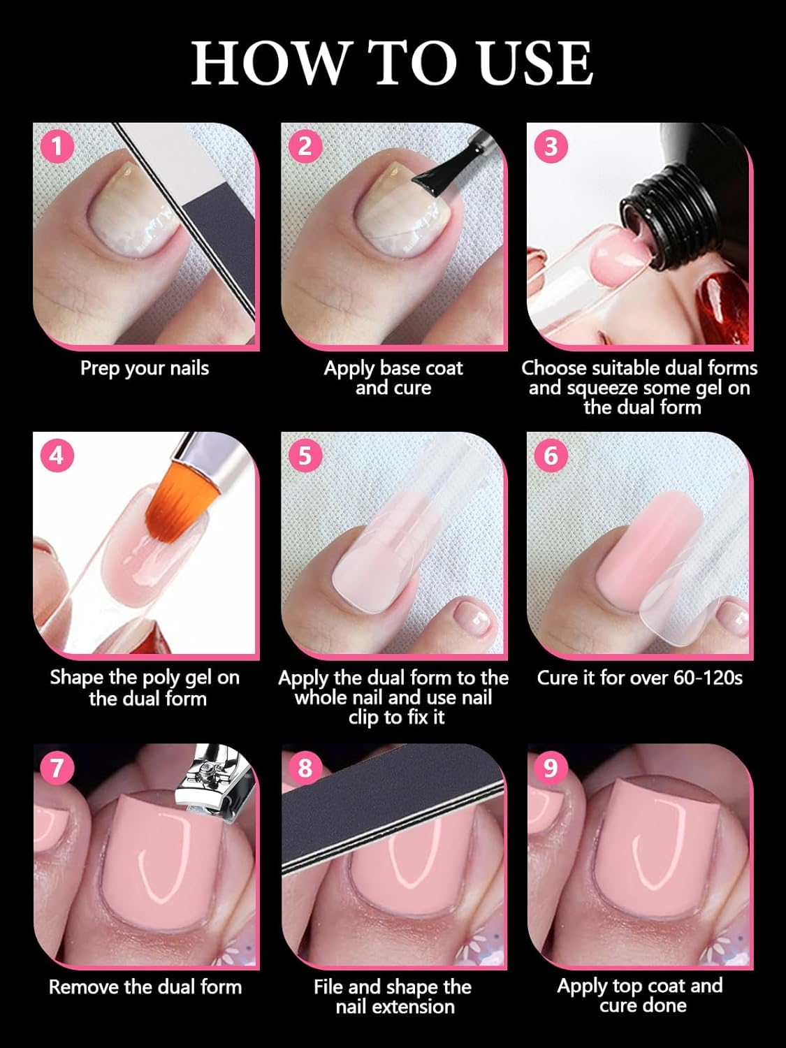 EBANKU 120 PCS Poly Gel Nail Forms for Toes, Long Square Dual Forms for Polygel Pedi Nail Extension Poly Gel Toenails Set Reusable Toe Nail Tips Mold, 12 Sizes - 120 Pieces + Nail Tools Set image number 7