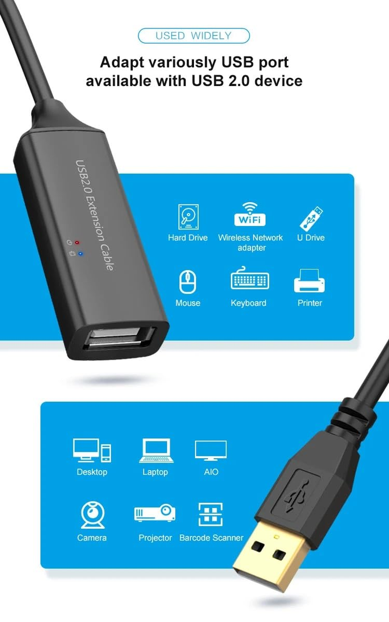 TEKERA 10M USB 2.0 Active Extension Cable Male to Female, Long USB a Extension Cord, USB Extender Repeater for Camera, Printer, Scanner, Keyboard, Game Console image number 1