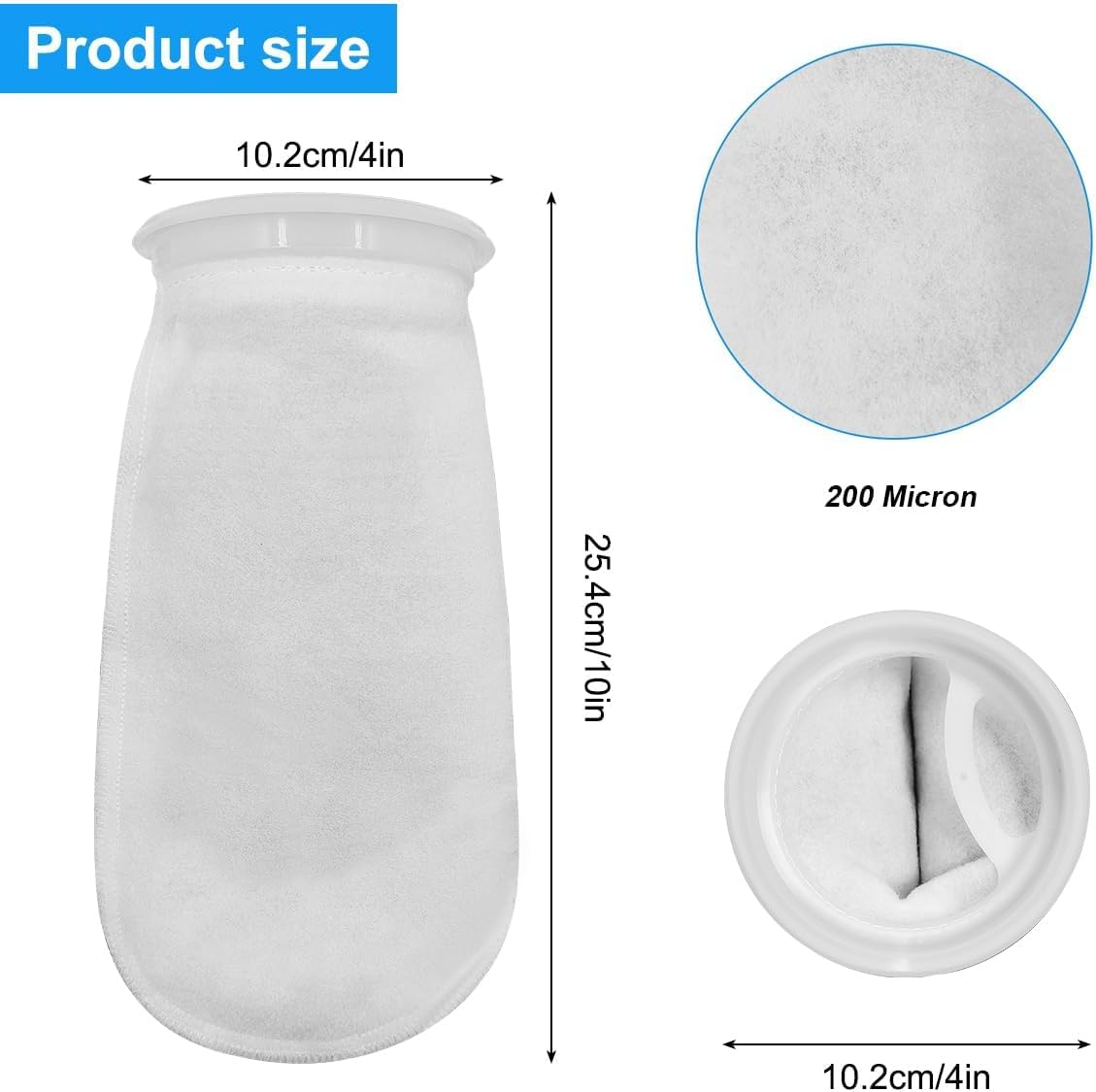 3 Pcs 4 Inch Ring Marine Filter Socks 200 Micron, Aquarium Felt Socks, Pool Filter Bags for Freshwater Saltwater Aquariums Fish Tank, Sump Filter Socks, 4 Inch Ring by 10 Inch Long image number 5