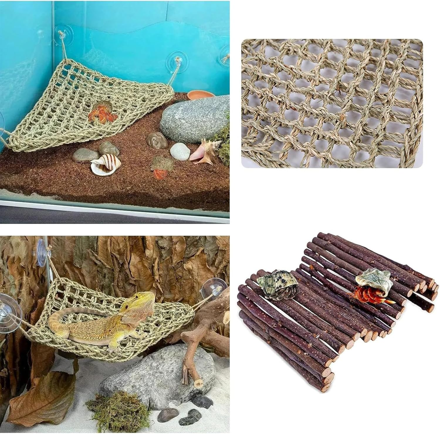 Reptile Tank Accessories Set - Climbing Hammock, Wood Hideout for Bearded Dragon, Leopard Gecko, Hermit Crab & Snake Habitat Decor image number 5