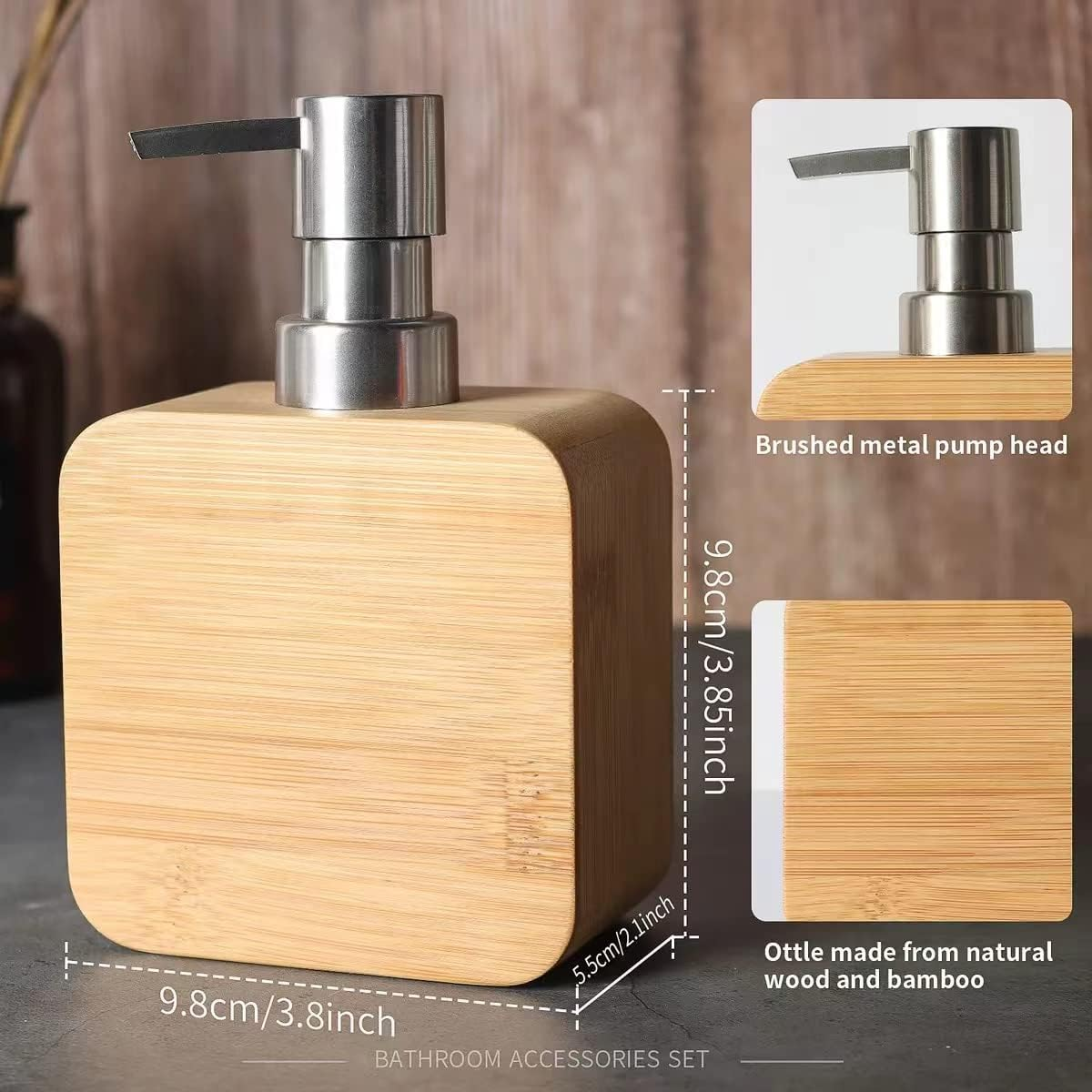 Asashizen 4-Piece Retro Handmade Bamboo Bathroom Accessory Set, Bathroom Set, Soap Dish Holder for Shower, Lotion Soap Dispenser, Mouthwash Cup, Rinse Cup, Organiser Tray