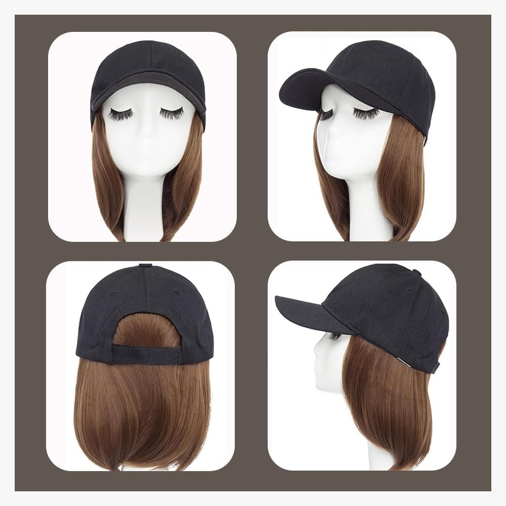 Baseball Cap with Hair Extensions, Straight Short Bob Wigs Hat for Women Girls Adjustable with Hair, Removable Synthetic Hat (Light Brown) image number 1