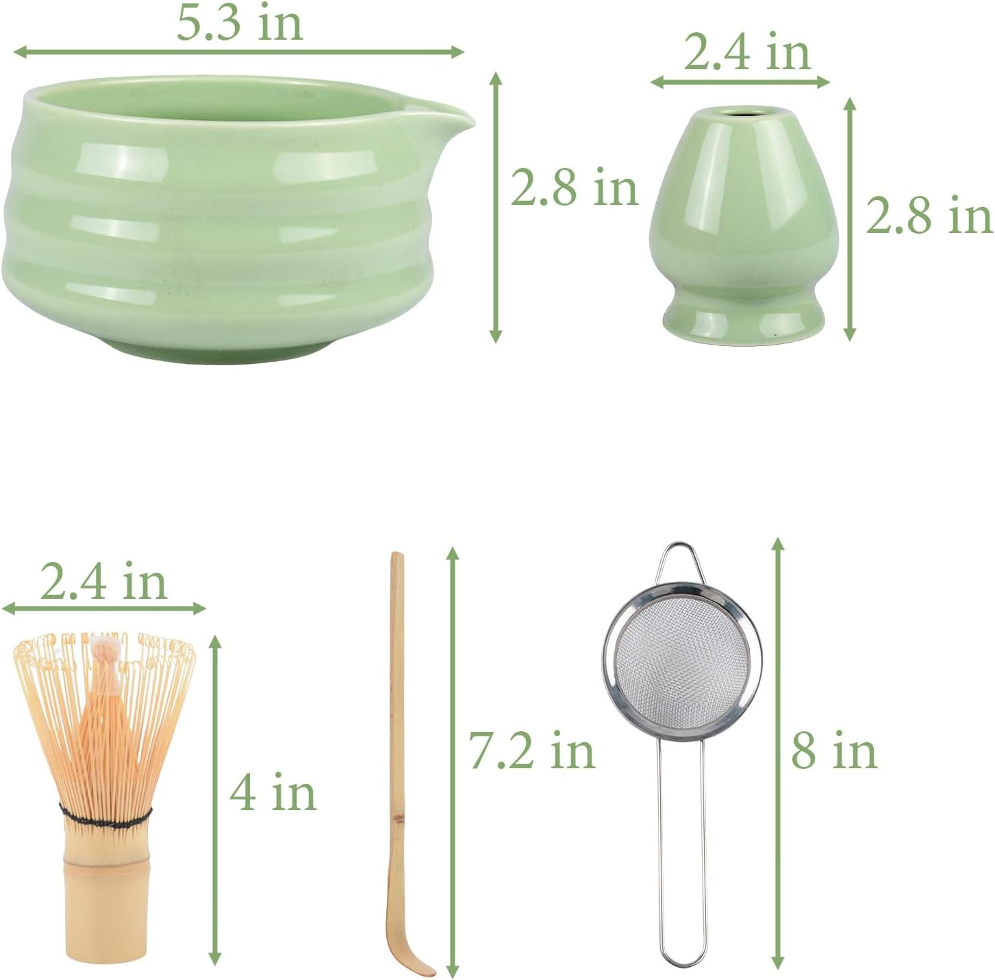 5 Pcs Matcha Tea Kit,Japanese Household Matcha Tea Set with Bamboo Whisk, Ceramic Whisk Holder, Traditional Scoop, Matcha Bowl with &lrm;Pouring Spout Design, Japanese Tea Set with Sifter(Green) image number 3