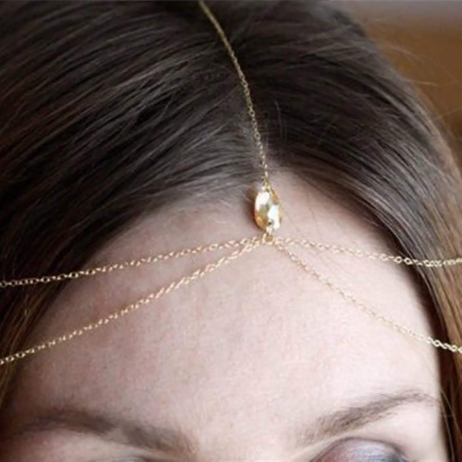 Tseenyi Layered Chain Forehead Headband Gold Chains Head Chain Multilayer Tassel Head Chains Hair Fashion Crystal Pendant Hair Accessories Layered Fringe Forehead Hair Accessories Headband image number 1