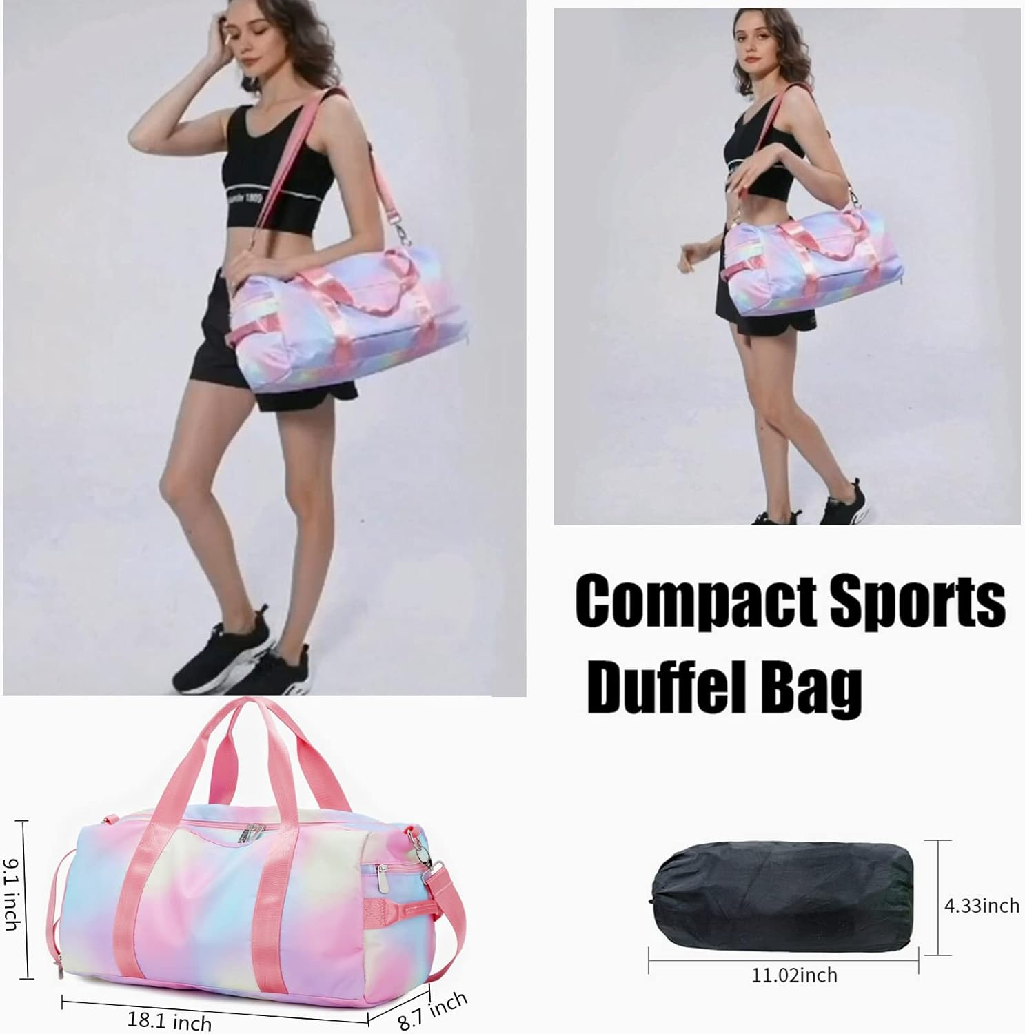 Sport Gym Duffle Travel Bag for Men Women Duffel with Shoe Compartment, Wet Pocket, Rainbow Pink-C, 19.7"X9.5"X9.9" - Rainbow Pink-C image number 3