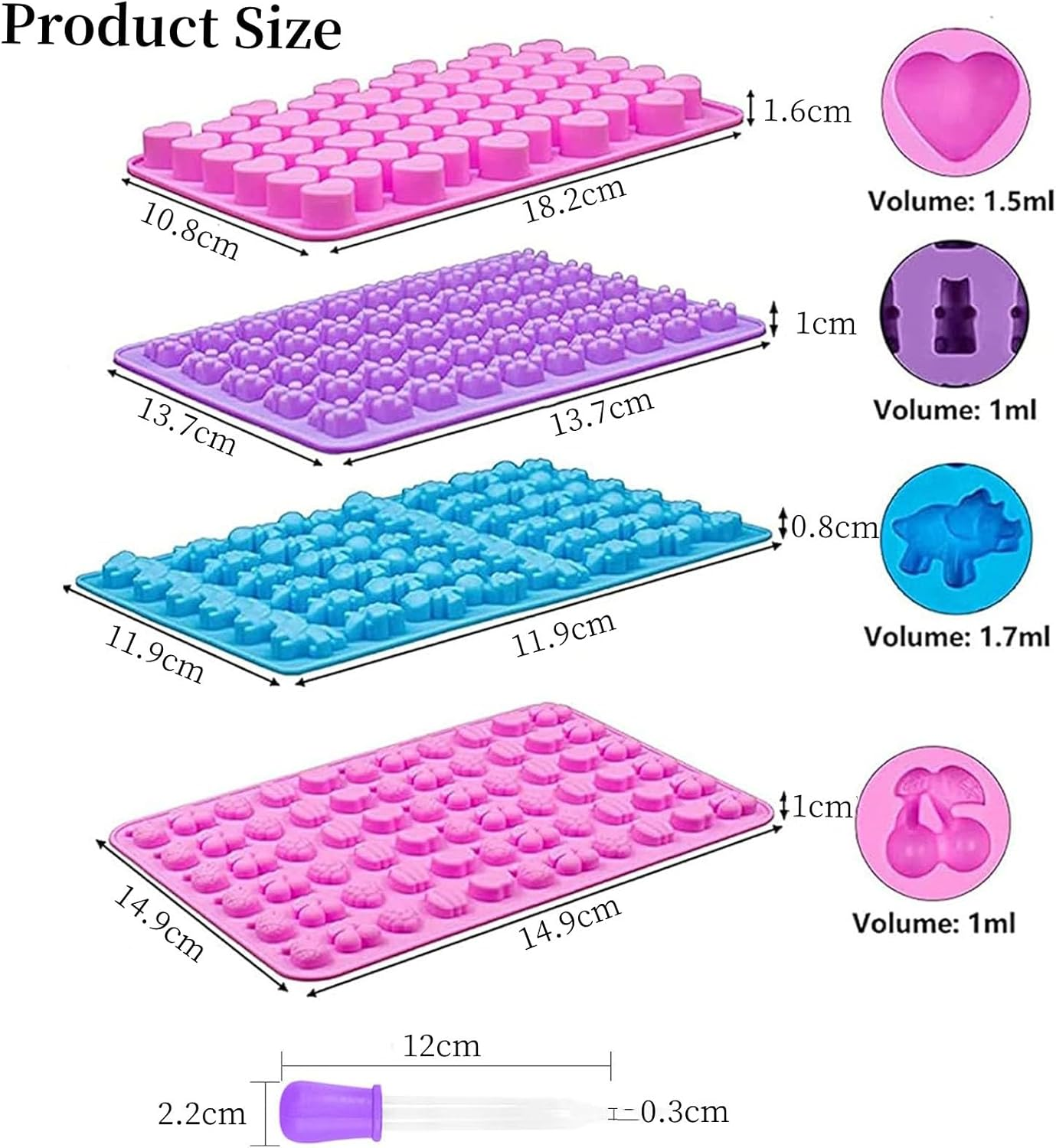 4 Pack Silicone Gummy Bear Candy Molds with 4 PCS Droppers, DIY Non-Stick Silicone Ice Cubes Jelly Chocolate Molds Including Mini Dinosaur, Bear Shape, Hearts and Mini Fruits for Kids image number 4
