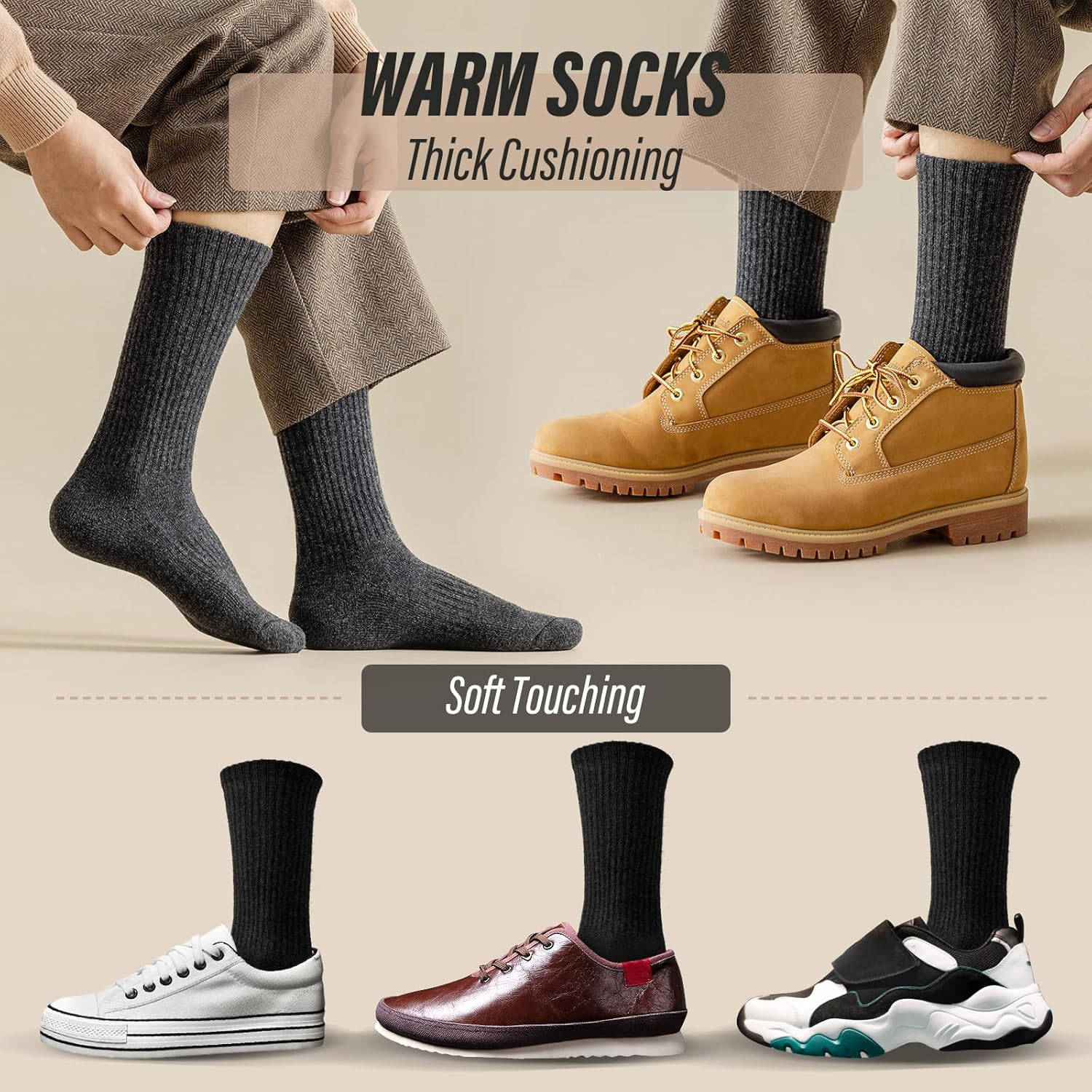 Viiotu Men'S Merino Wool Socks 3-Pack, 95.5% Merino Wool Warm Soft Breathable Moisture-Wicking Antibacterial Durable Merino Wool Socks Men Wool Socks - Black image number 7