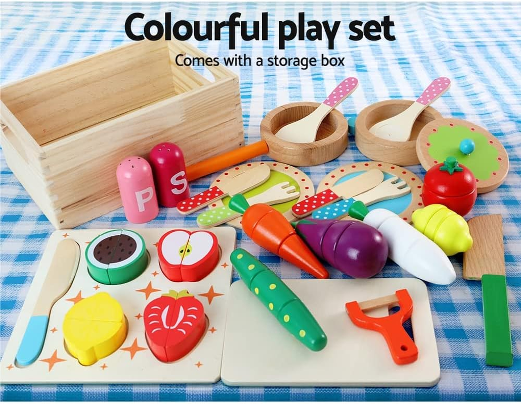 Keezi Kids Kitchen Set 29Pcs Pretend Play Food Playset Wooden Toys Children Cooking Cookware Sets Knife Safe Cutting Veggies Fruits Toy Home Cubby Furniture, Magnetic Connected Multicoloured image number 3