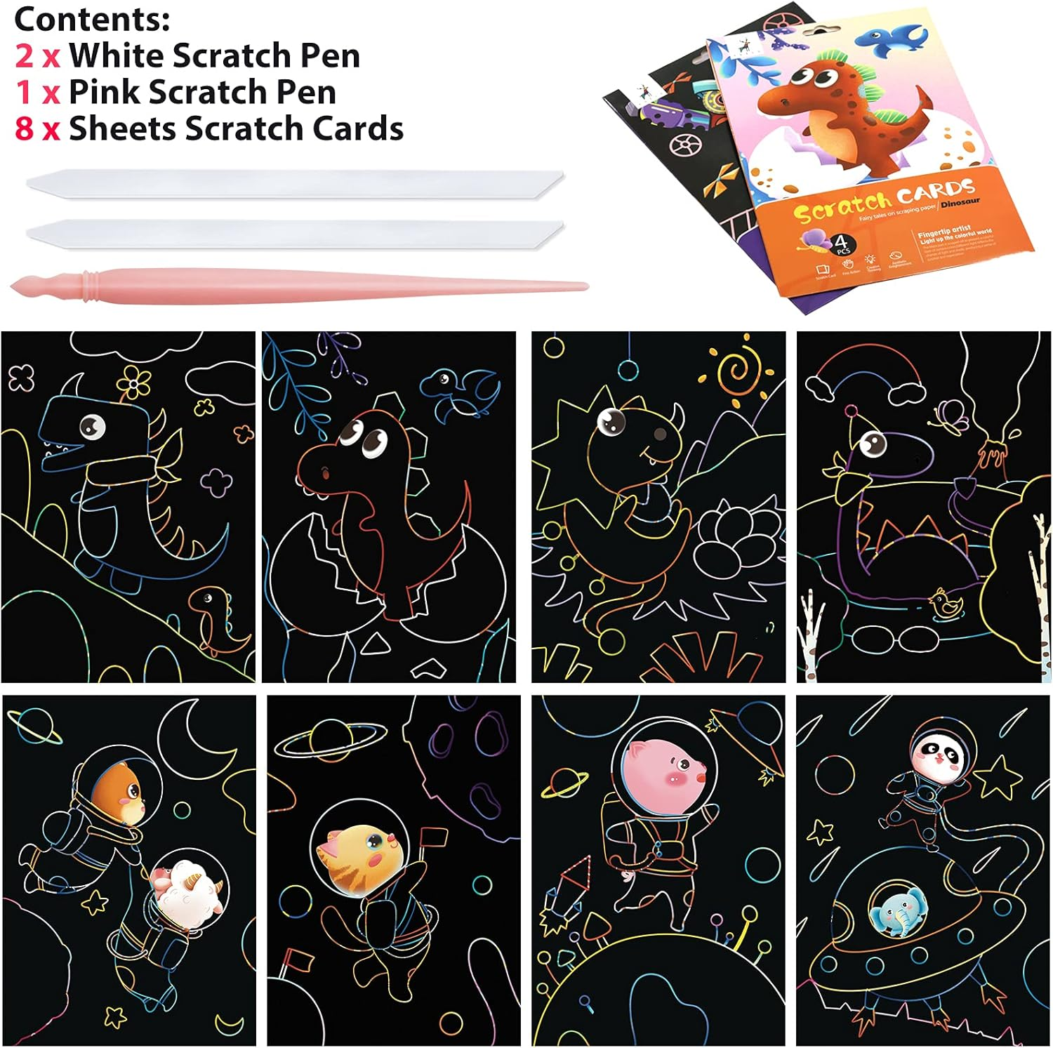Scratch Art Rainbow Painting Scratch off Doodle Paper, Womens Hobbies Engraving Art Craft Set, Creative Gifts for Girls Boys Students Drawing Older Kids Scratch Art Pads 8 Sheets (Dinosaur & Space) - Dinosaur  Space image number 6