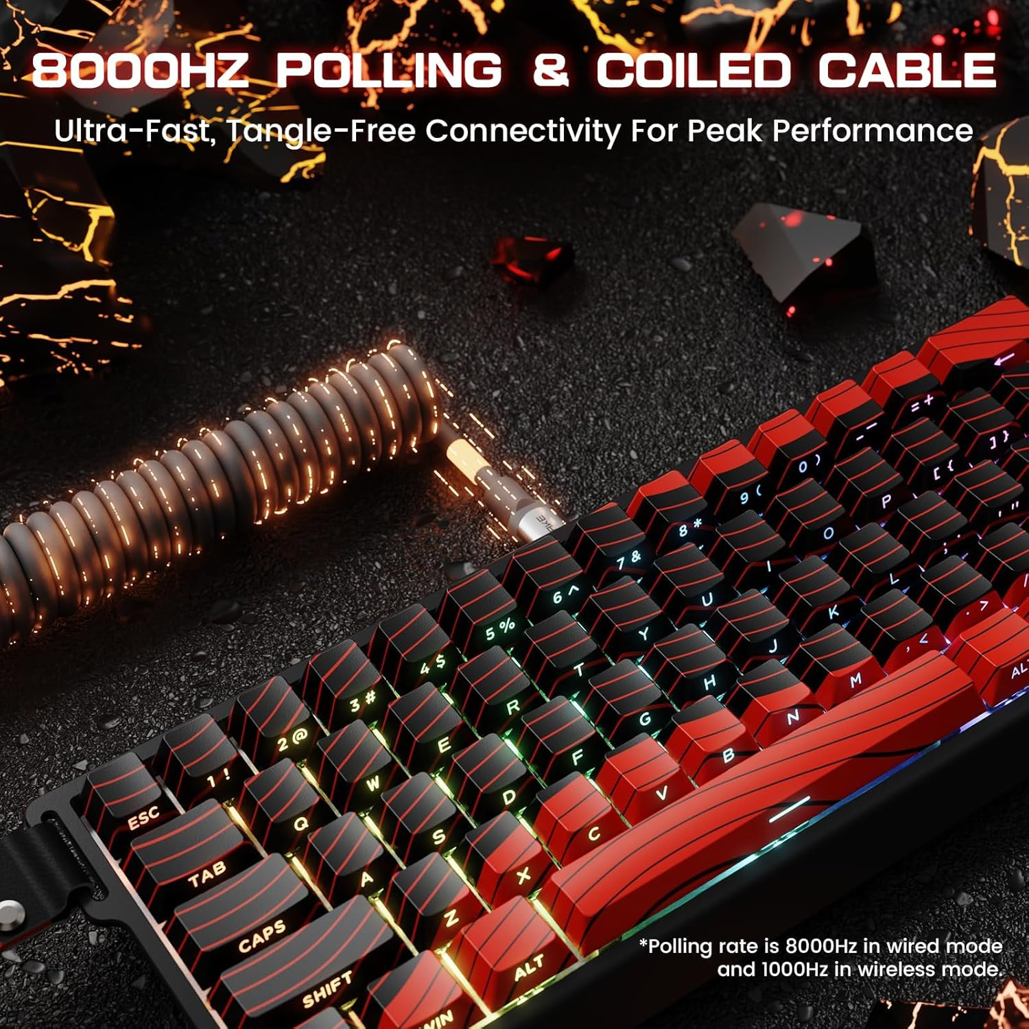 MAMBASNAKE X60 HE 60% Bt/2.4G/Wired Tri-Mode Gaming Keyboard Adjustable Actuation,Rapid Trigger Magnetic Switch Mechanical Keyboard,Rgb Backlit,8Khz Polling Rate with Coiled Cable for Pc/Mac-Red image number 3