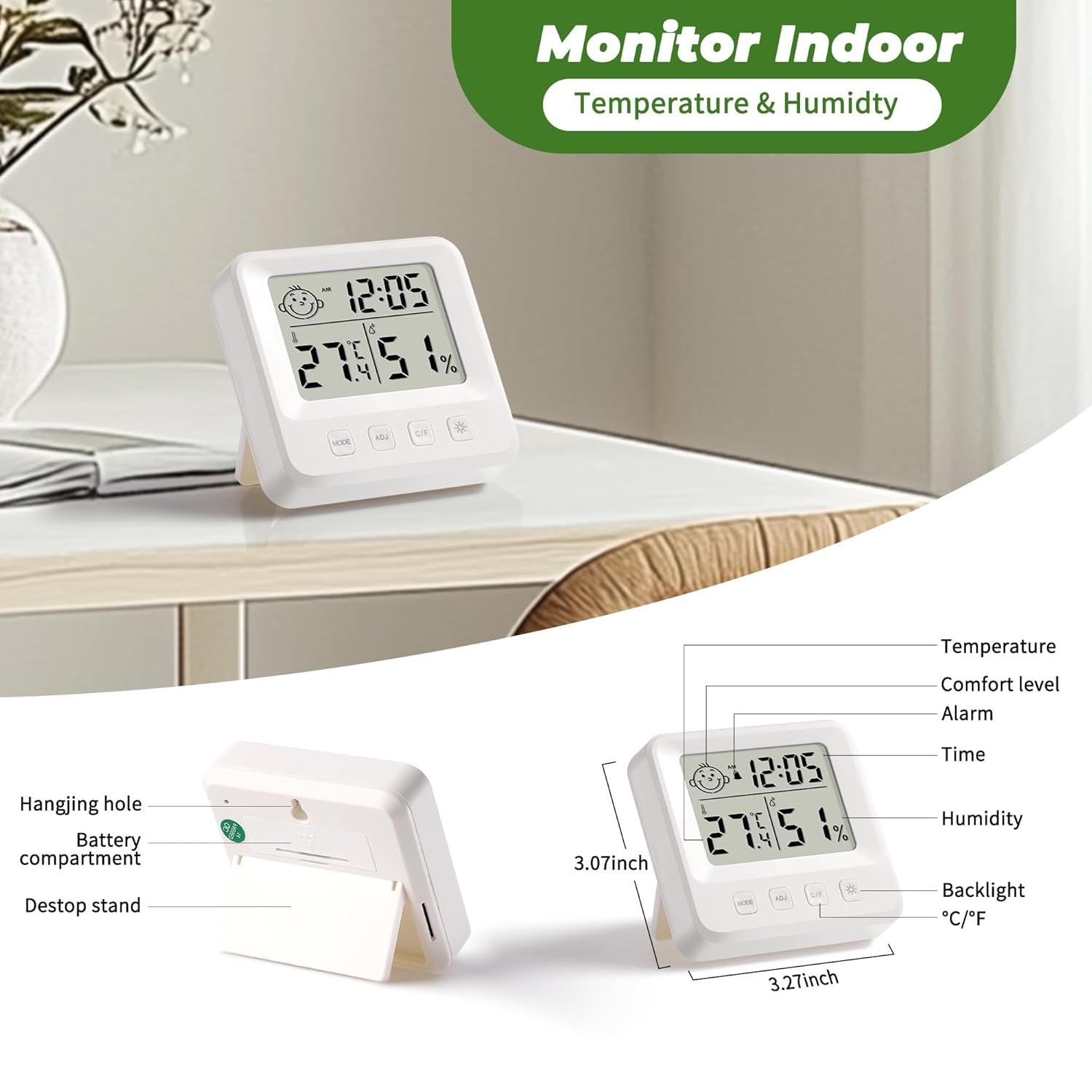 Room Thermometer Clock,Wall or Table Stand, Temperature Sensor,For Home Theater,Room Blackout Environment Monitoring, Greenhouse, Plant Nursery and Shade Cloth Area Monitoring, Night Light Button image number 2