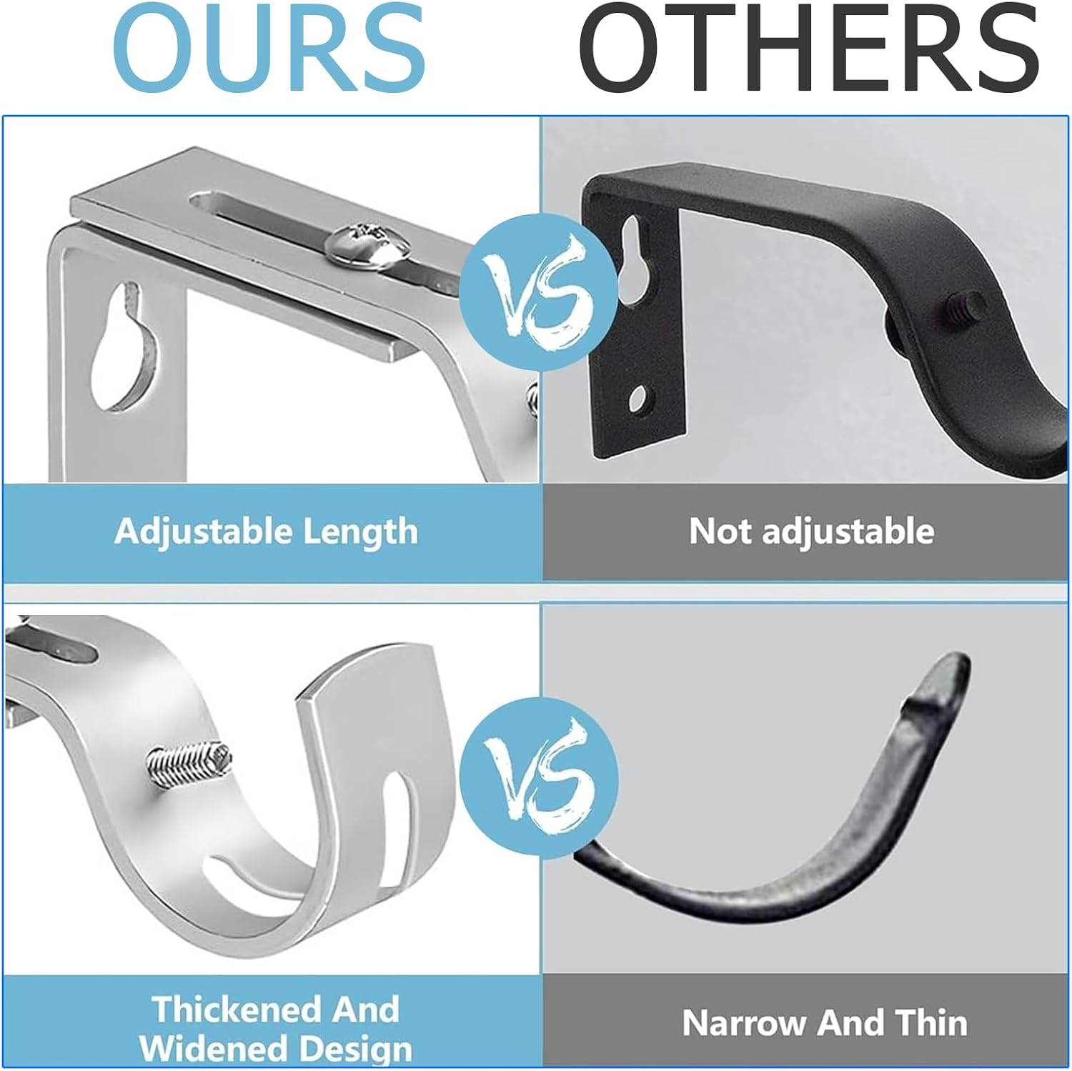 2 Pack Heavy Duty Curtain Bracket, Adjustable Curtain Rod Bracket - Curtain Rod Holder Hooks for 1 Inch Rod, Wall Mount Curtain Rod Brackets, Suitable for Home/Office (Silver) - Black image number 7