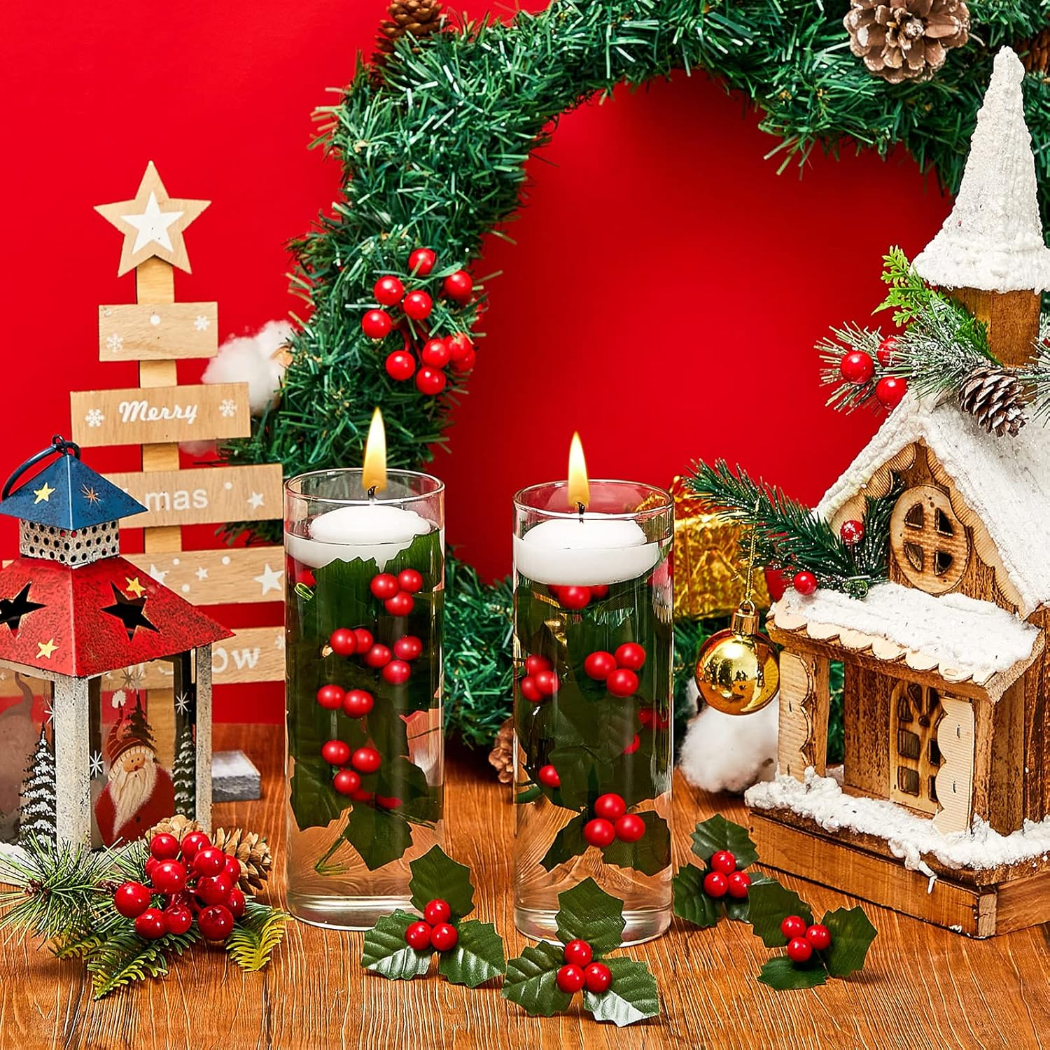 50 Pieces Christmas Holly Berries for Crafts Faux Berries Flowers and Holly Leaves Christmas Wreath Fillers for Vase Fillers Floating Candle Table Centerpiece(Red)