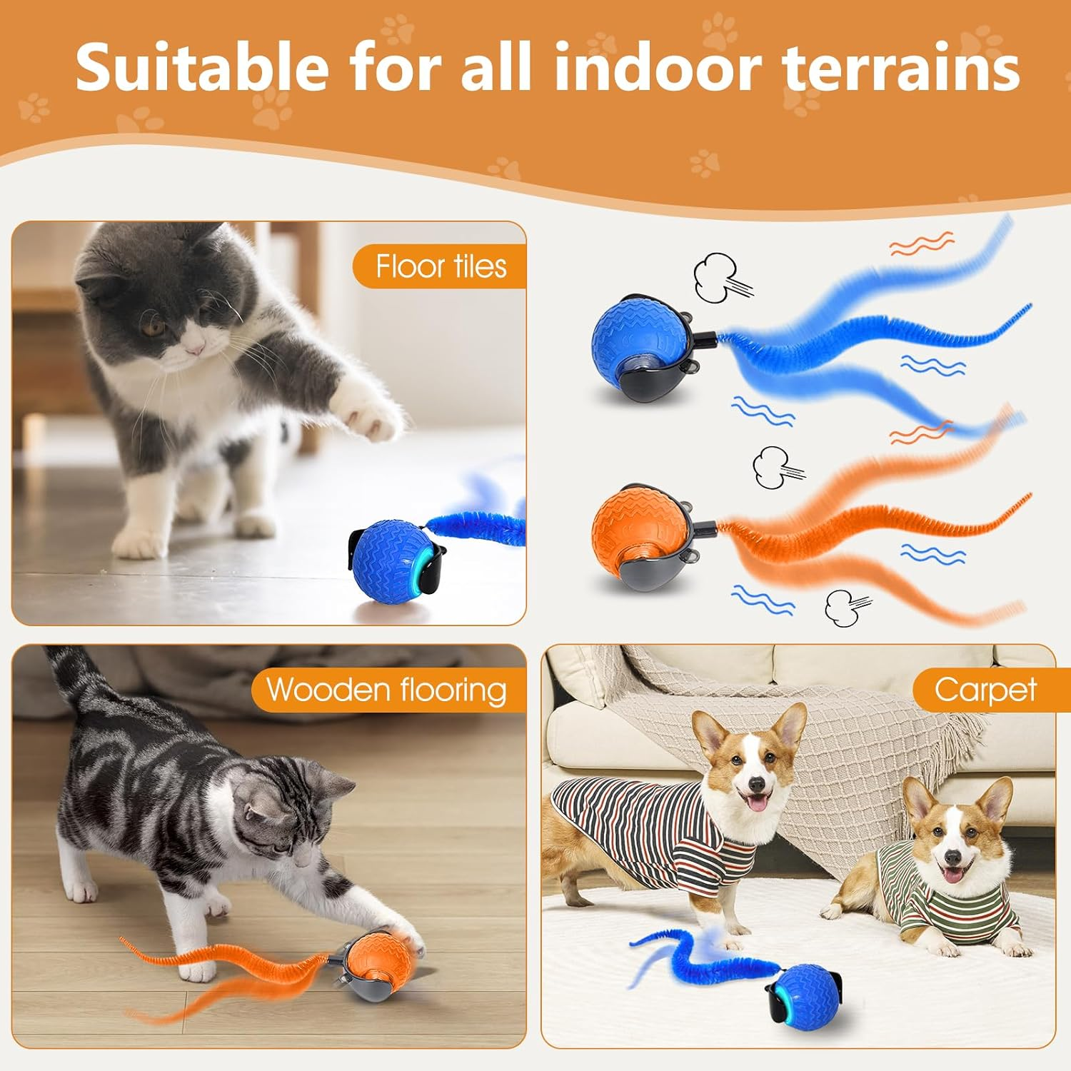 2Pcs Interactive Cat Toy for Indoor Cats, Speedy Ball with Tail, Automatic Moving Cat Balls for Bored Indoor Adult Cats, 360&deg;Automatic Rolling Ball Toy, Two Speed Adjustment（Orange&Blue） image number 6
