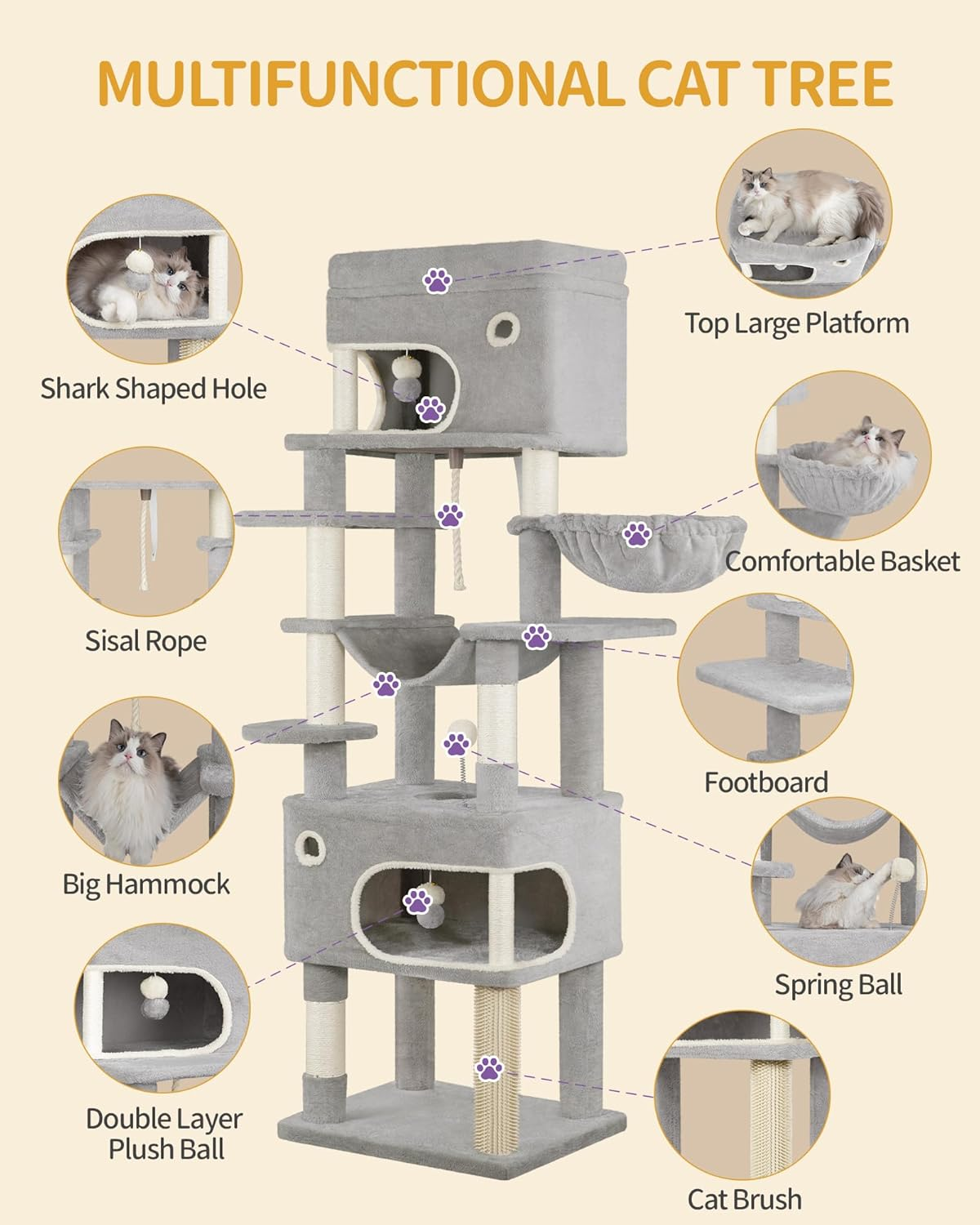 Hzuaneri 178Cm Cat Tree for Indoor Cats, Multi-Layer Scratching Post with Large Platform, 2 Caves, 7 Sisal Posts, Pompoms, Cat Basket, Hammock, Suitable for Cats, Light Grey MS17818LG image number 7