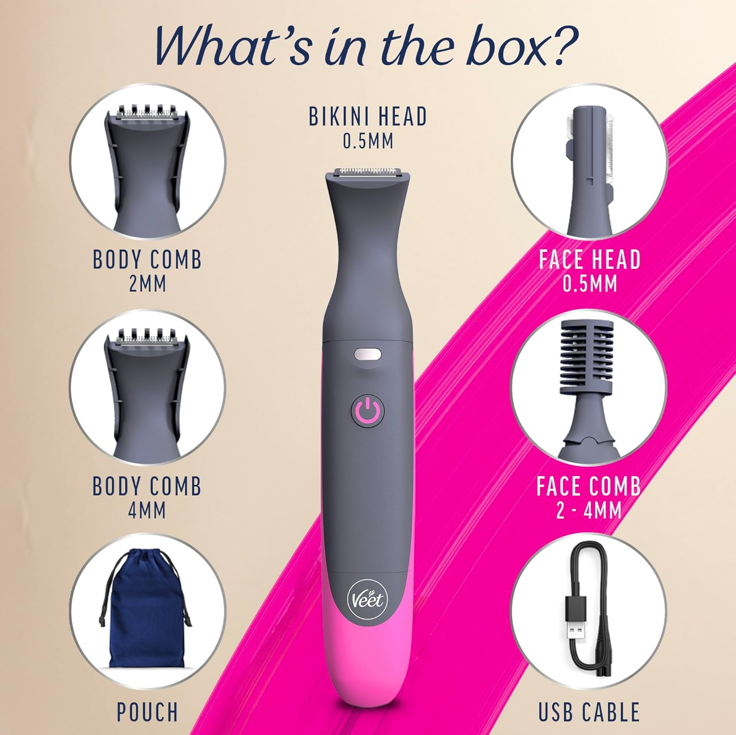 Veet Expert Electronic All-In-One Trimmer for Women, Hair Removal Device for Intimate Area, Face and Eyebrows, Multifunctional Trimmer with USB Charging, Rechargeable, Waterproof image number 4