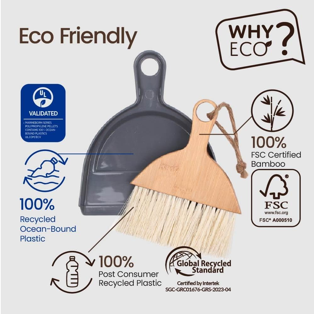 Eco Basics Mini Dustpan & Brush &ndash; FSC Bamboo Handle, Ocean-Bound Hard Plastic & Post-Consumer Recycled Bristles, Compact Set for Tabletops, Countertops, Desk, Pets Hairs, Keyboard Clean-Ups, 16.5X20Cm image number 1