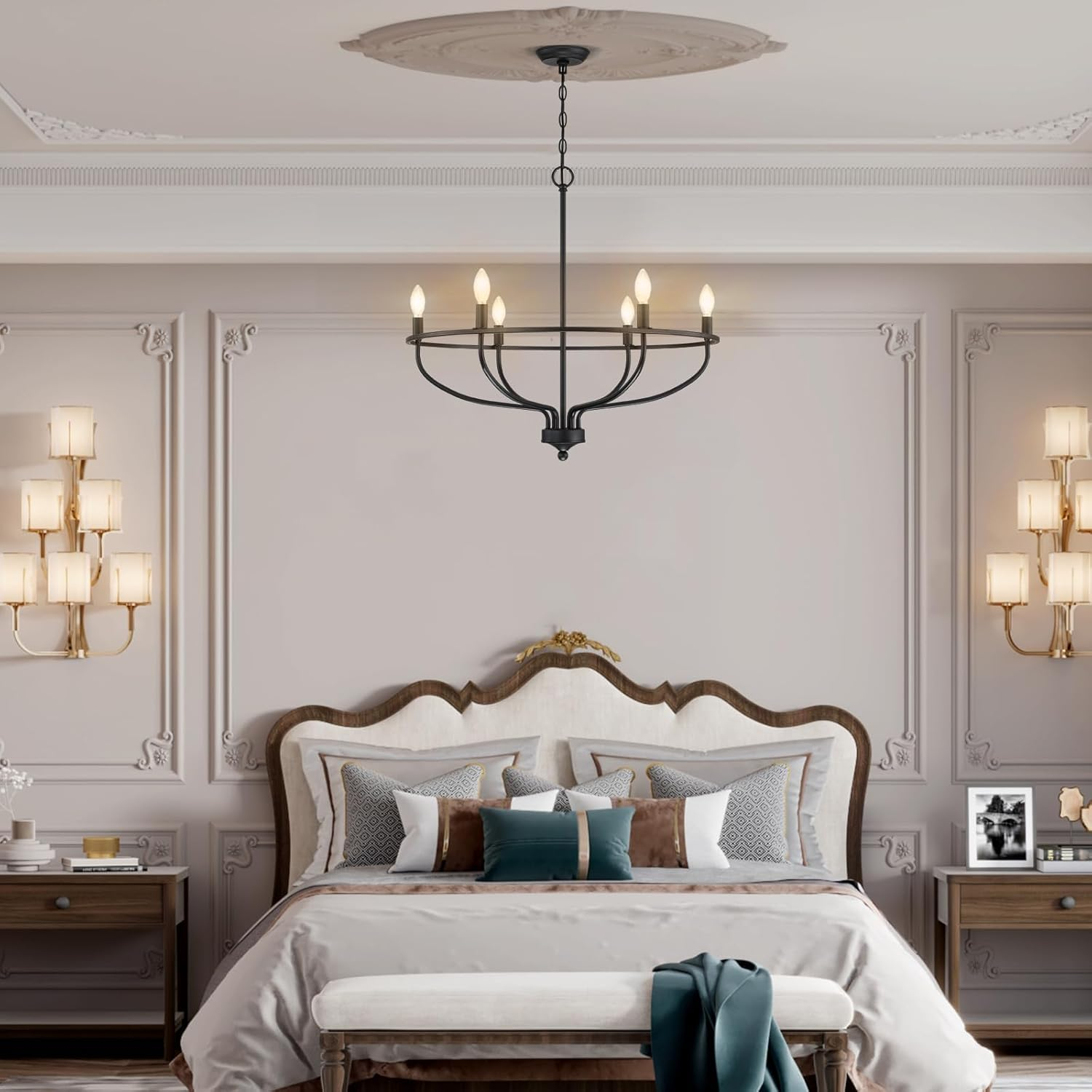 USOR 6-Light Black Chandelier Vintage Candle Farmhouse Iron Pendant Ceiling Light Fixture Wagon Wheel Chandelier over Table for Dining Room Living Room Kitchen D72.5Cmxh65Cm E14 Bulbs Included image number 5