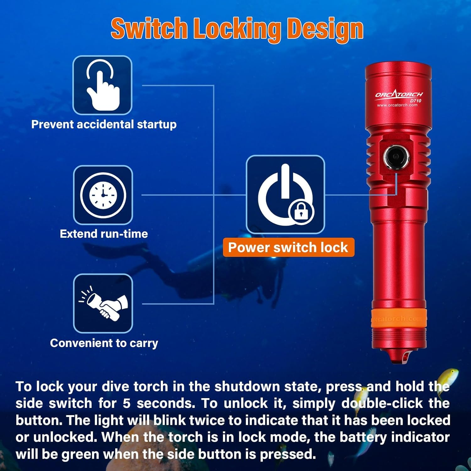 ORCATORCH D710 Scuba Diving Light, 3000 Lumens Super Bright Underwater Flashlight with 6 Degrees Narrow Beam, IP68 Waterproof Night Dive Torch 150 Meters Submersible Light (Red) image number 2