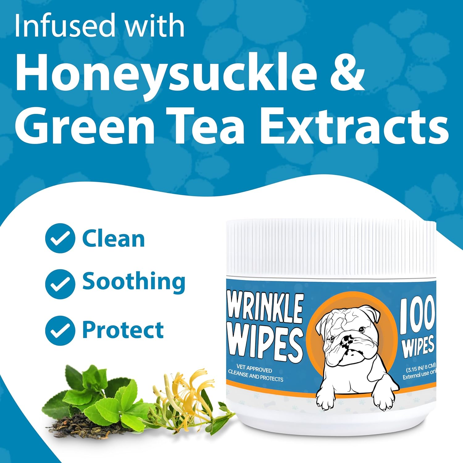 Bulldog Wrinkle Wipes for Dogs 100 Count - Clean and Sooth on Wrinkles, Folds - Dog Wrinkle Wipes French Bulldog, English Bulldog, Pugs, Frenchie - 3.15 in Large Dog Face Wipes - Unscented image number 1