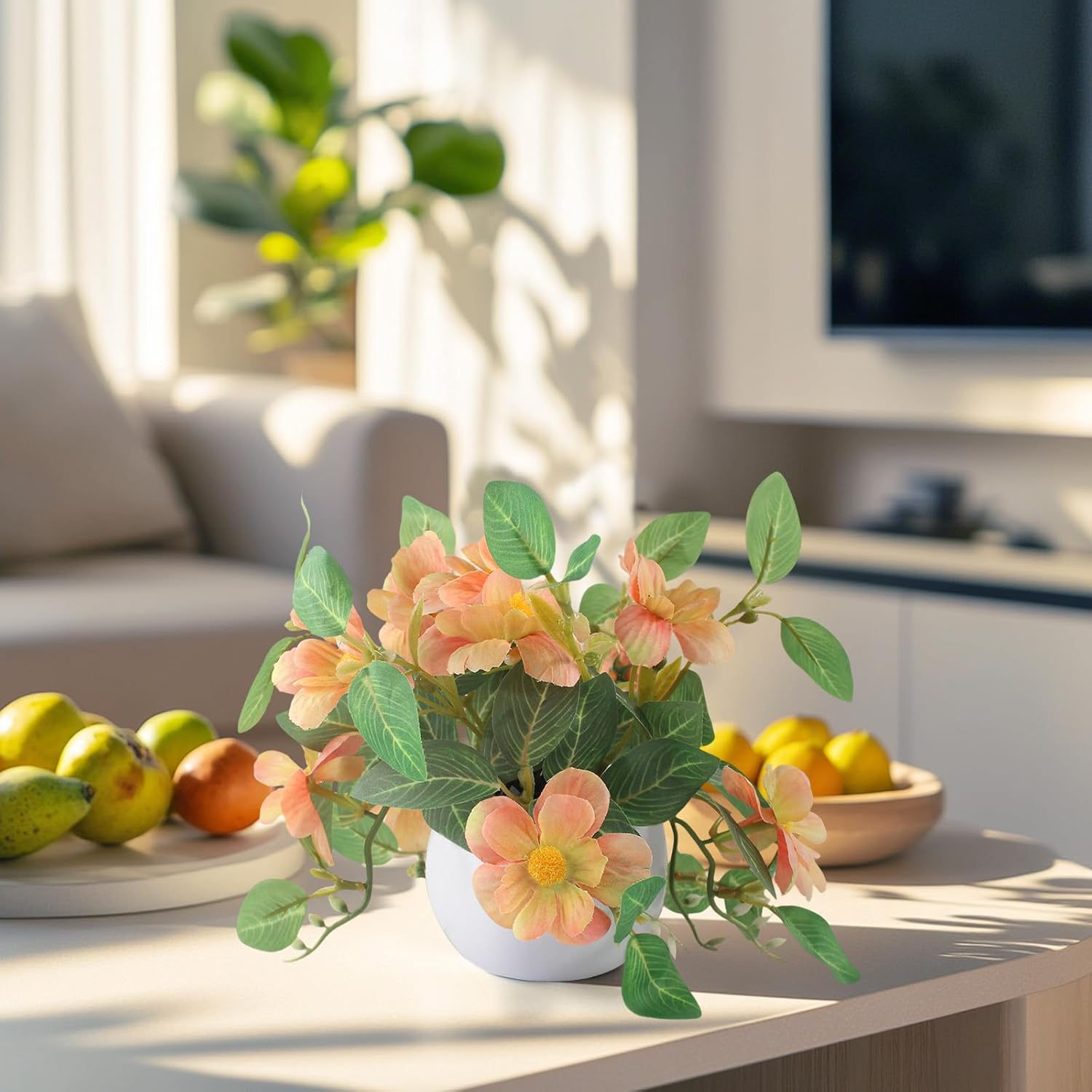 Artificial Hanging Flowers Faux Daisy Bonsai Fake Plants Basket Table Centerpieces for Wedding Office Porch Balcony Home Decor - Orange image number 5