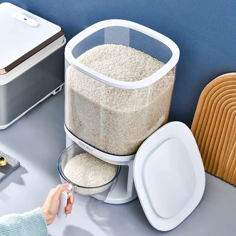Rice Dispenser, 5KG Dry Food Grain & Cereal Storage Container with Measuring Cup, Large Capacity Rice Dispenser for Organising Home, Kitchen & Pantry, White