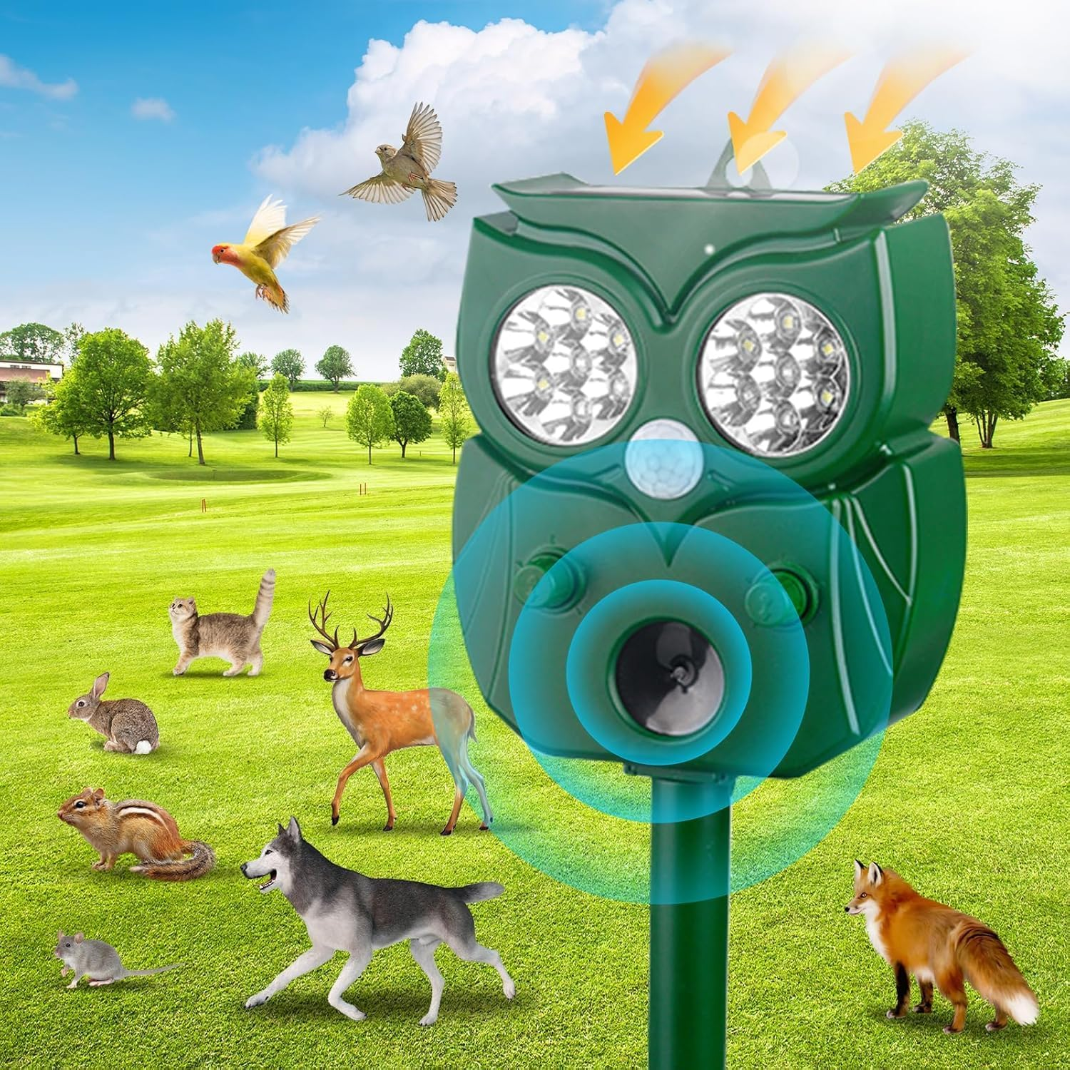 Ausale Solar Powered Animal Ultrasonic Repeller,5 Adjustable Frequencies and Modes, Bird Scarer，Outdoor Weatherproof Ultrasonic Repeller for Garden Frame Lawn (Light Green) image number 4